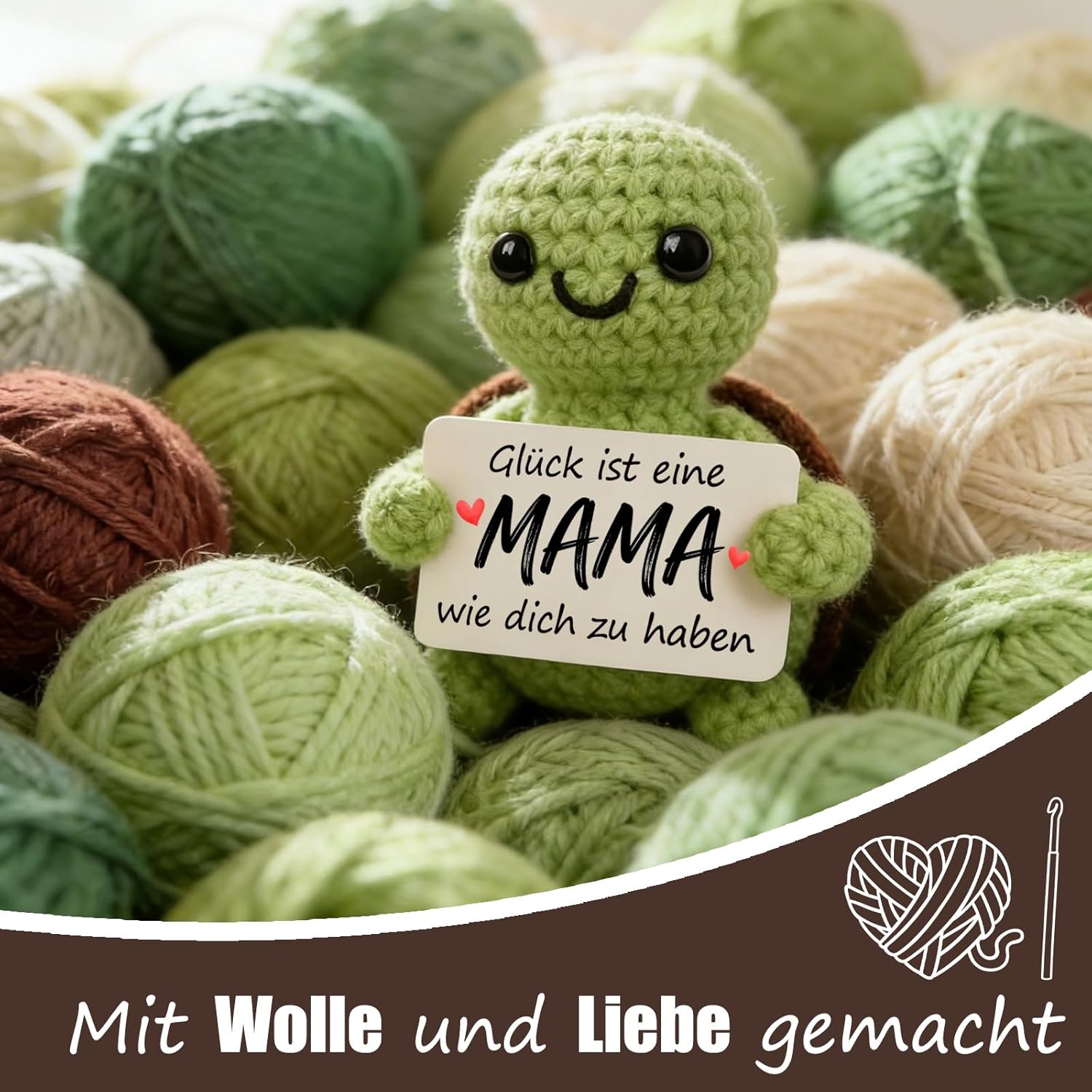 Detalle de Tixlux Schildkröten-Glücksbringer für Mama – Handgestrickte Wollschildkröte mit Edelstahl-Token