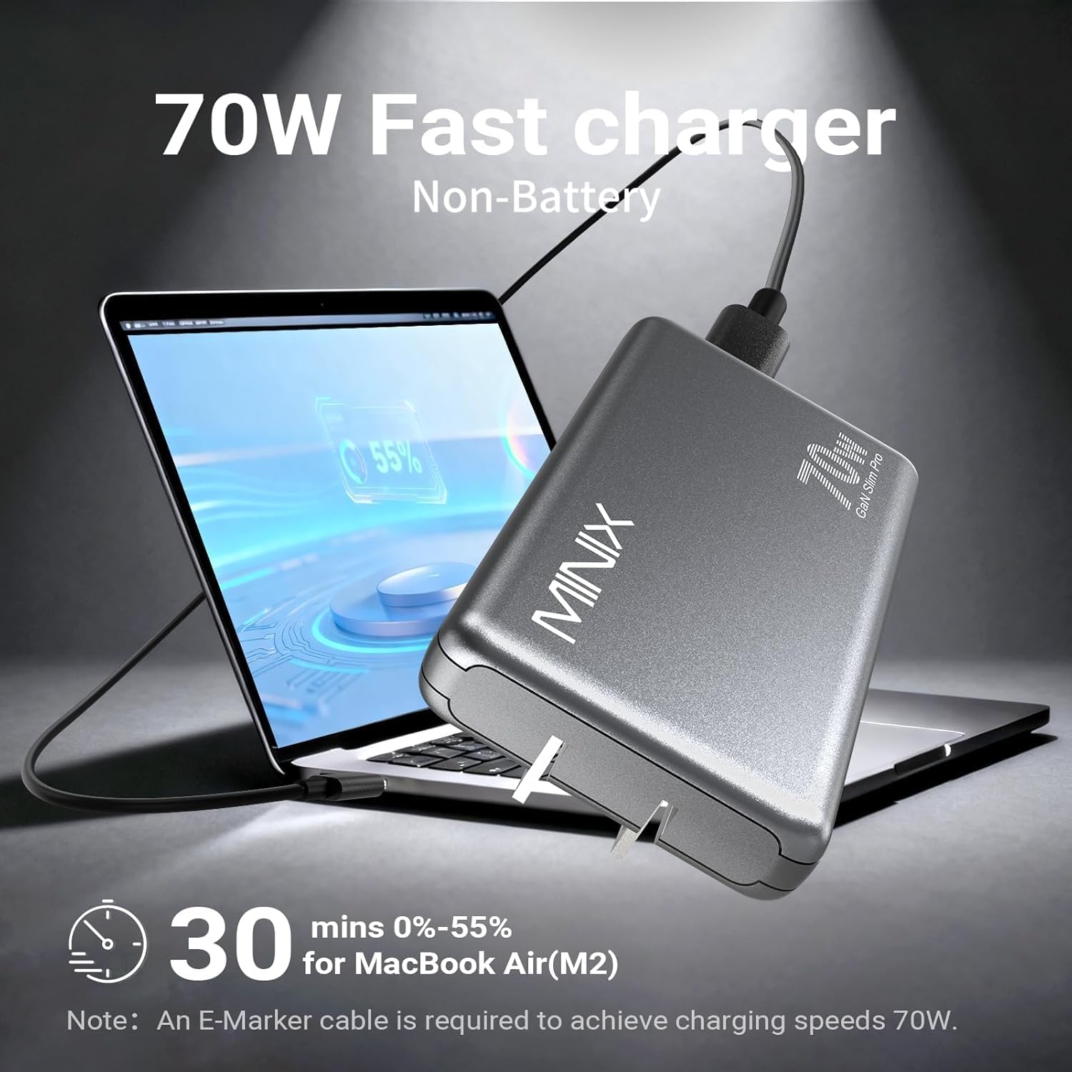 Detalle de MINIX PST-70C2-LB-SL 70W Flat USB-C Charger, Dual-Port GaN
