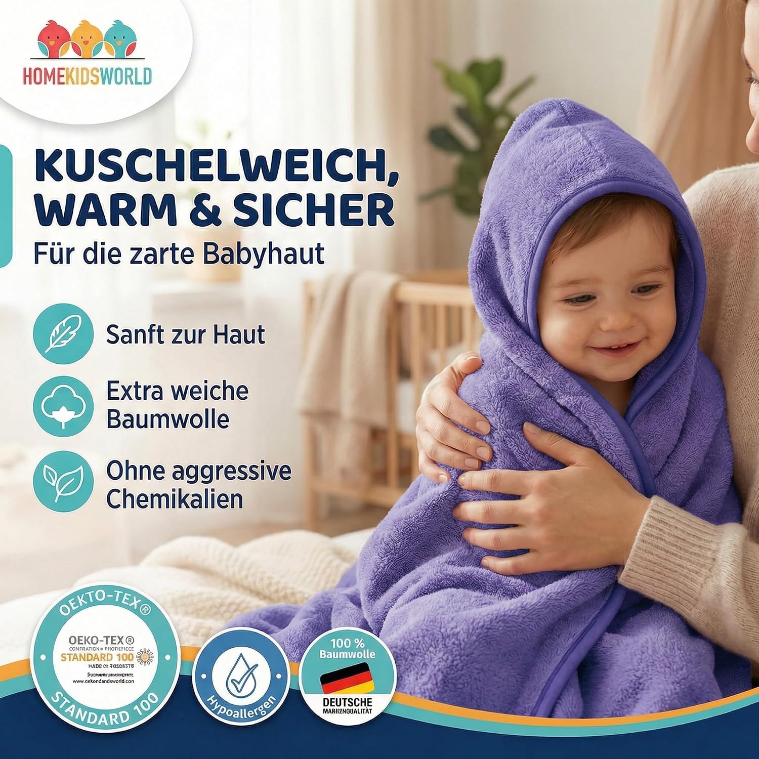 Detalle 2 de Home Kids World Kapuzenhandtuch Baby 100x100 cm (beige) – Weiches Handtuch mit Kapuze in Geschenkbox