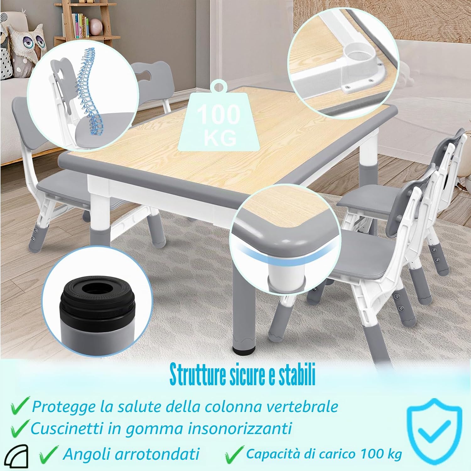 Detalle de ACXIN Tavolo per bambini con sedie in plastica, regolabile in altezza, grigio