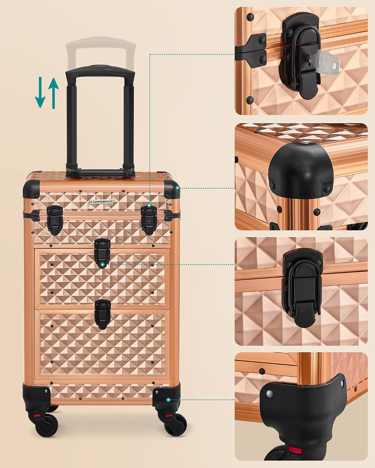 Thumbnail 3 de SONGMICS Cosmetic Suitcase with Wheels, Champagne Gold, 34 x 24 x 56 cm