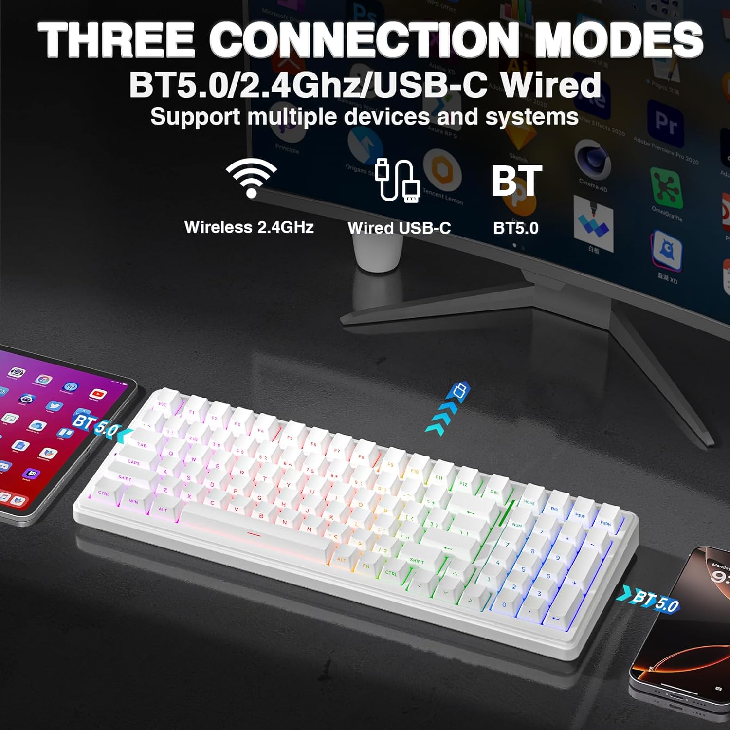 Thumbnail 2 de AULA F99 Mechanical Gaming Keyboard: BT5.0/2.4GHz/USB-C, Hot Swappable, 8000mAh – White