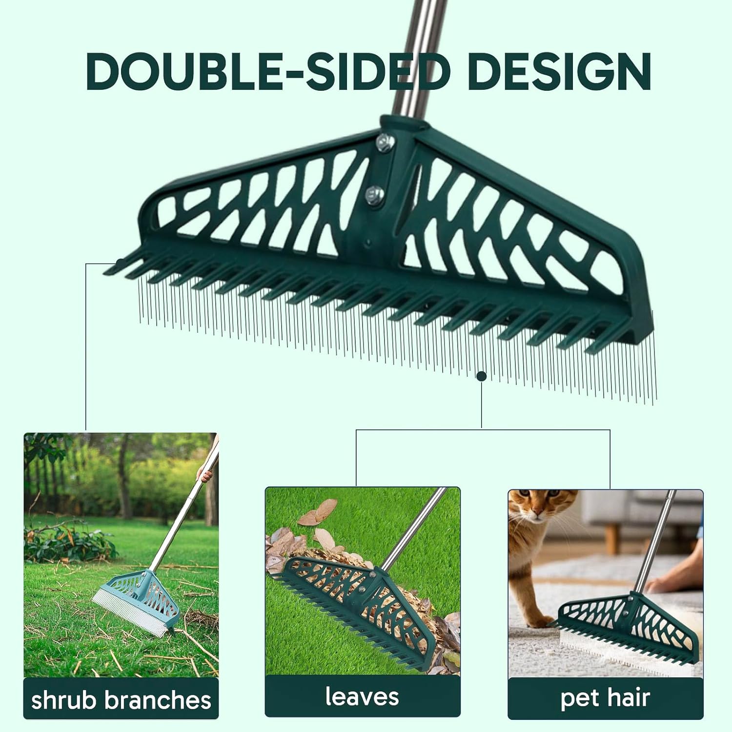 Detalle 2 de YEELOR Rastrello per prato artificiale a doppia faccia: pulizia efficiente di giardino, tappeti e peli di animali