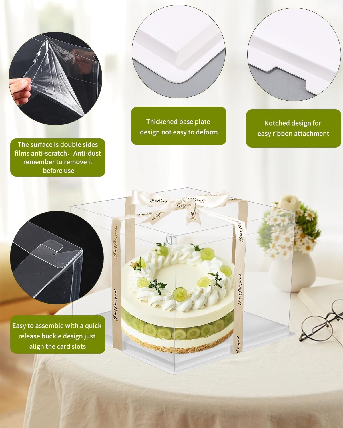 Detalle de Azyvum tårtkartonger för 10-tumstårtor, transparent PET, 30 × 30 × 25 cm