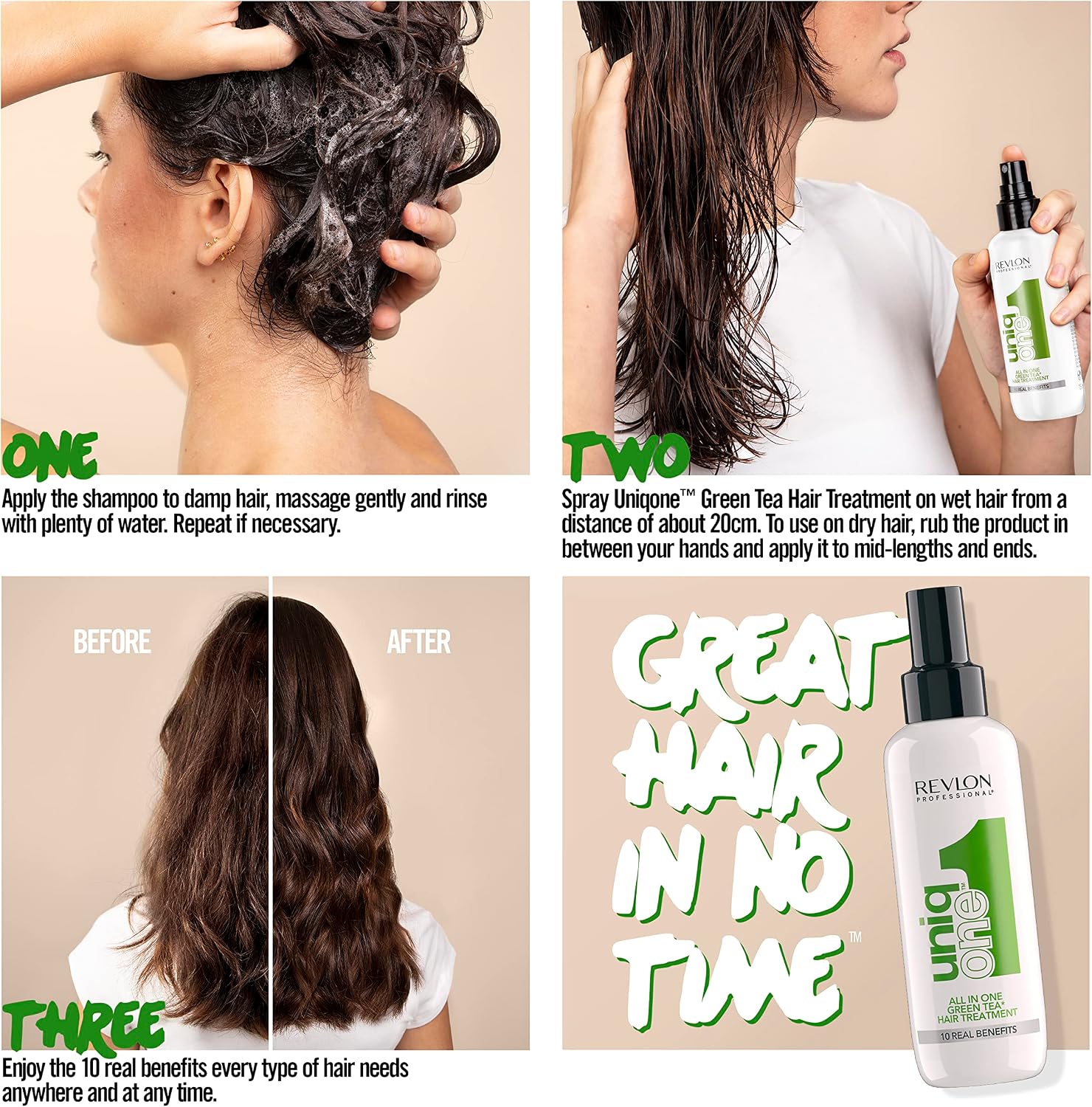 Detalle de REVLON Professional UNIQONE Hair Treatment Leave-In (Green Tea) – 150 ml