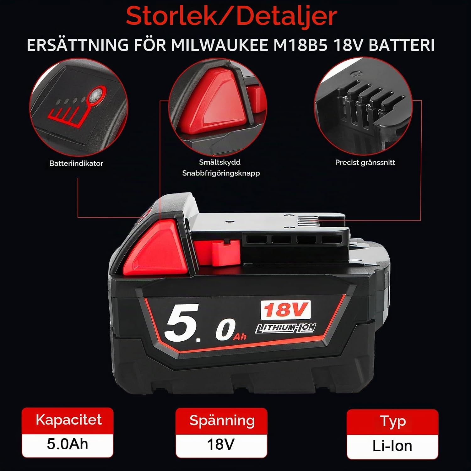 Detalle de Powarobor M18B5 batteriset med laddare, 2 × 5,0 Ah och 18 V