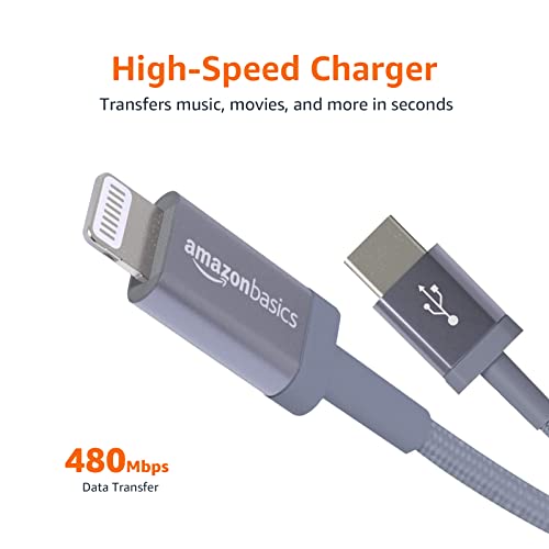 Detalle de Amazon Basics Câble USB-C vers Lightning en nylon tressé, 1,8 m, gris foncé – certifié MFi pour iPhone