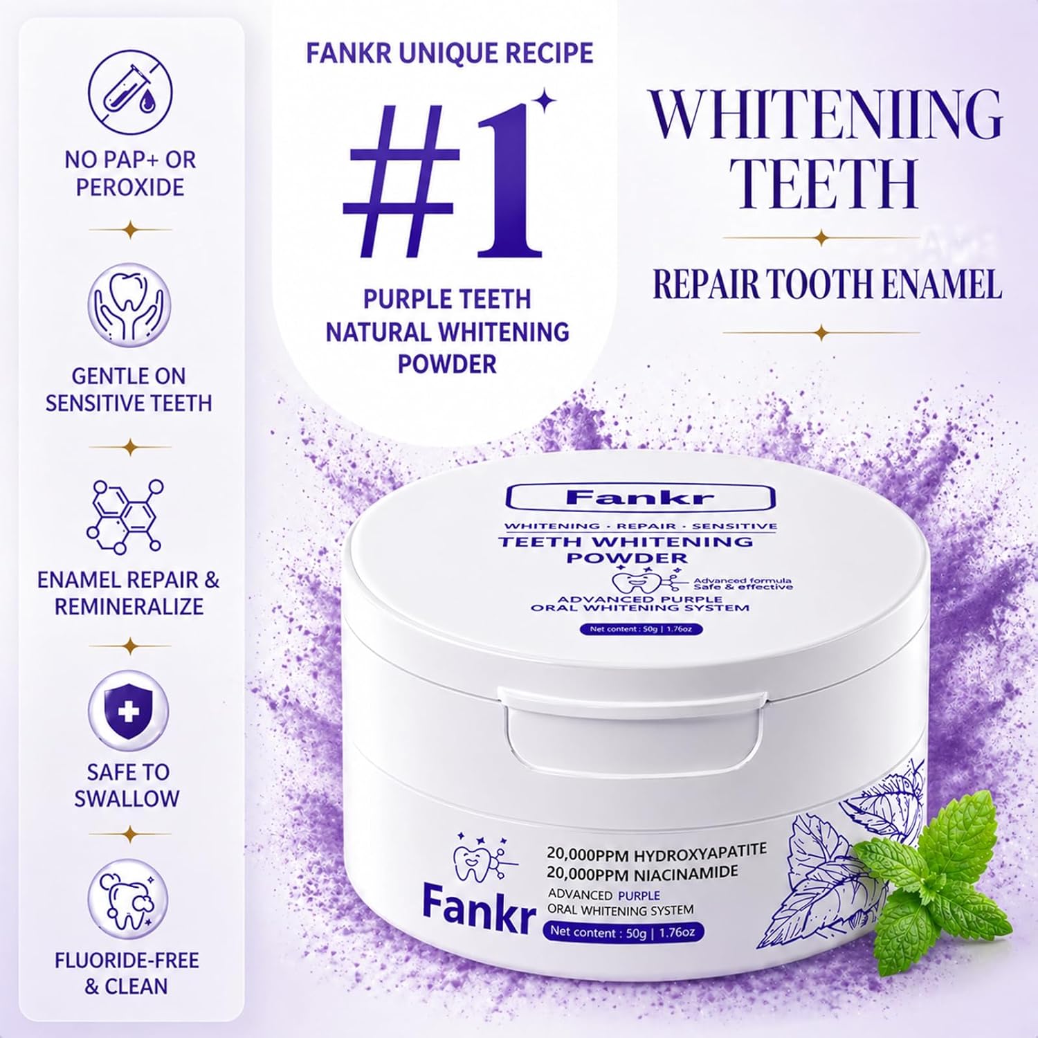 Thumbnail 1 de Teeth Whitening Powder with 20,000ppm Hydroxyapatite & 20,000ppm Niacinamide — Remineralizing Whitening Formula