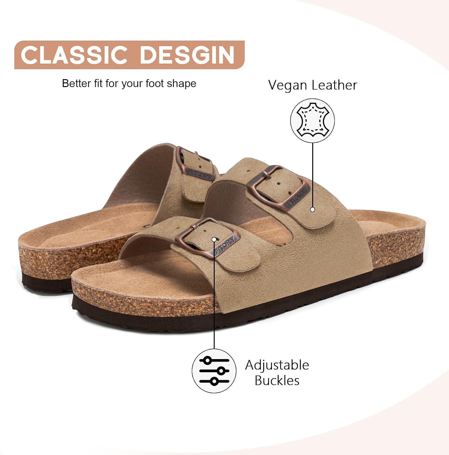 Detalle 2 de FITORY Damen Pantoletten mit Kork-Fußbett – Verstellbare Riemen, Leder, bequeme Sommerschlappen
