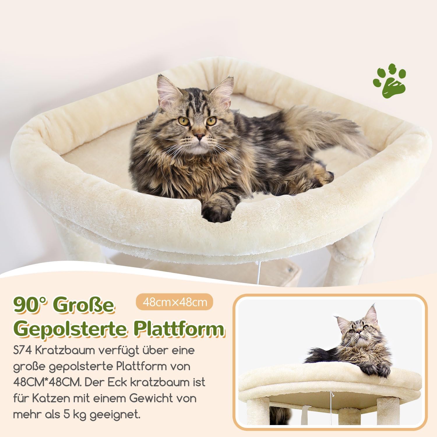 Detalle de Globlazer Kratzbaum Beige XXL mit 2 extragroßen Katzenhäusern – kippsicher, für große Katzen