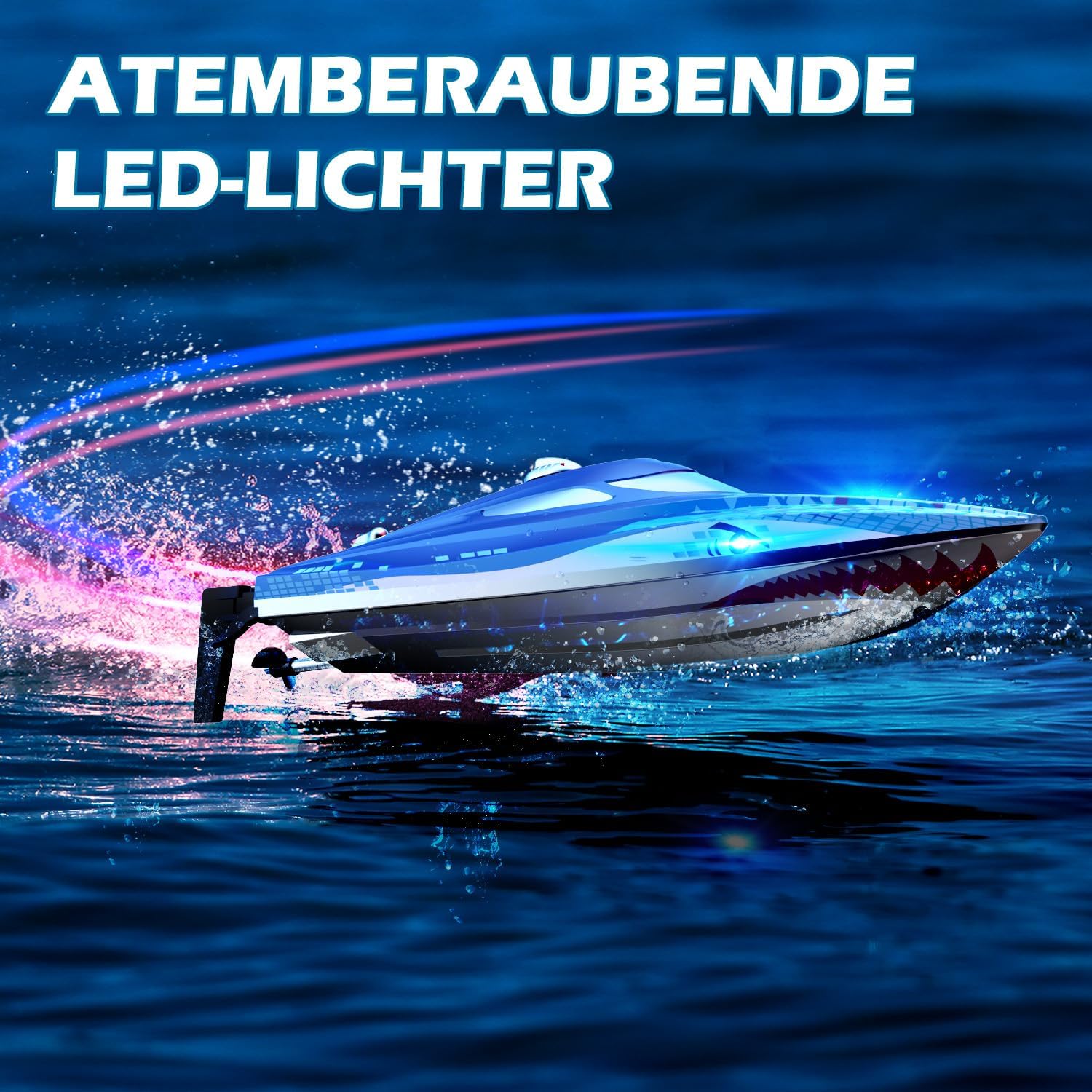 Detalle de DEERC RC Boot HJ812 mit LED-Beleuchtung – ferngesteuertes Haifischboot für Pool & See (2,4 GHz)
