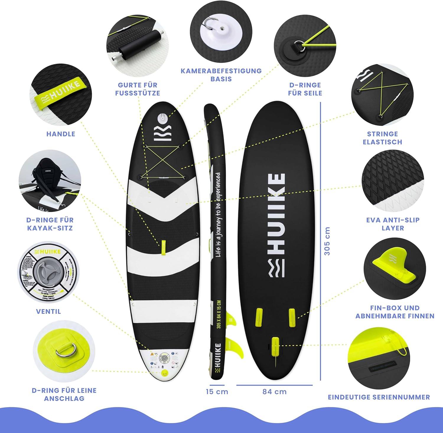 Detalle de HUIIKE Stand Up Paddling Board mit Zubehör – 305 x 84 x 15 cm, bis 130 kg, inkl. kompletter Ausrüstung