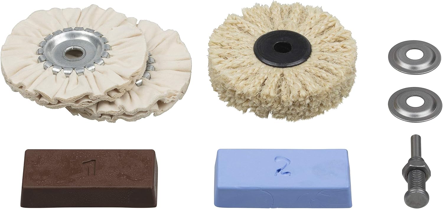 Set de polissage professionnel wolfcraft 2179000 : pâtes à polir, axe pilote, brosse sisal et disque coton souple
