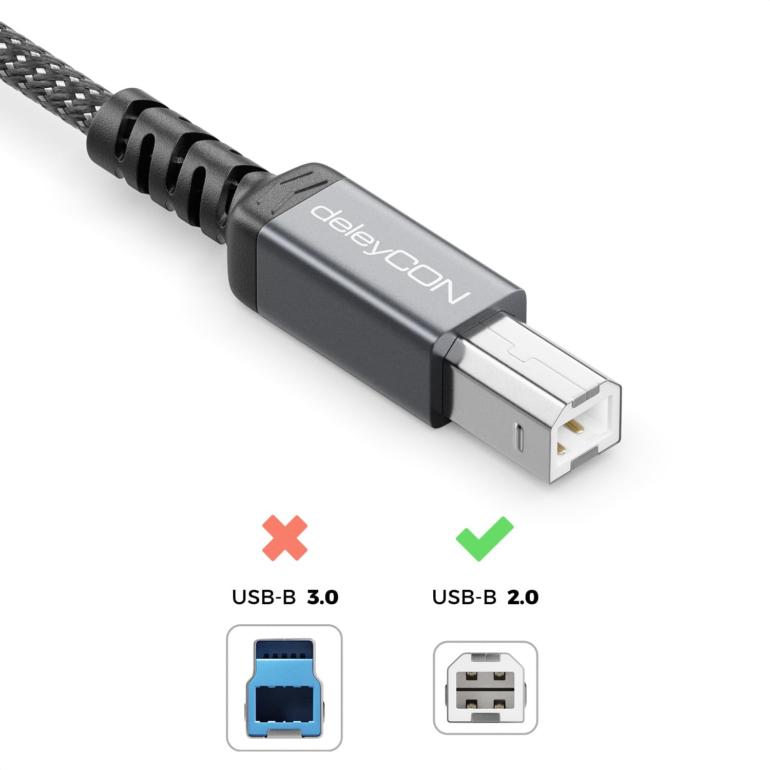 Detalle de deleyCON MK6540 USB 2.0 Printer Cable, 2 m Braided USB-A to USB-B