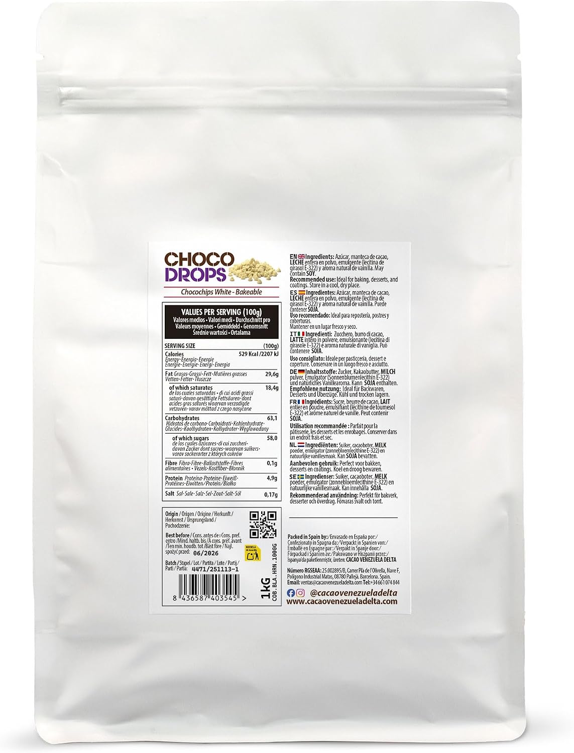 Thumbnail 1 de Cacao V Delta Pepitas Chocolate Blanco 1 kg