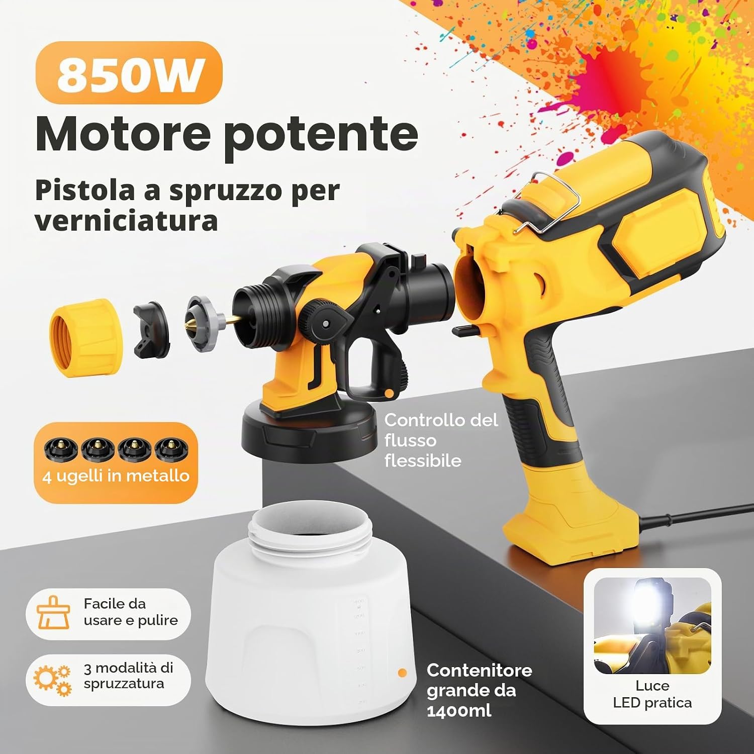 Detalle 2 de Spruzzatore per vernice 850 W HVLP con 1400 ml, 4 ugelli e 3 modalità: versatilità per pareti, mobili e recinzioni