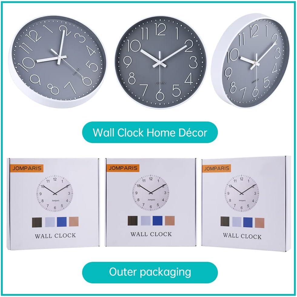 Detalle 2 de Jomparis Quality Silent & Non Ticking Quartz Sweep Round Wall Clock, 12 inch Grey