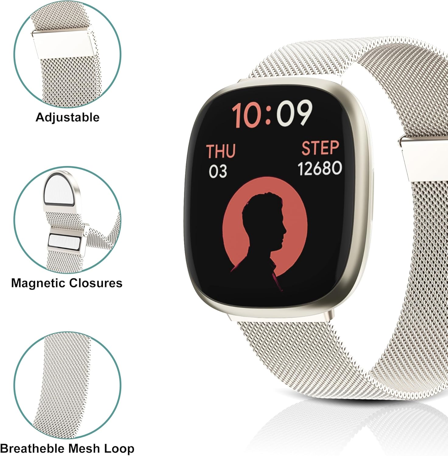 Detalle de Higgs stainless steel replacement strap with dual magnetic clasp for Fitbit Versa 3 / Versa 4 / Sense / Sense 2