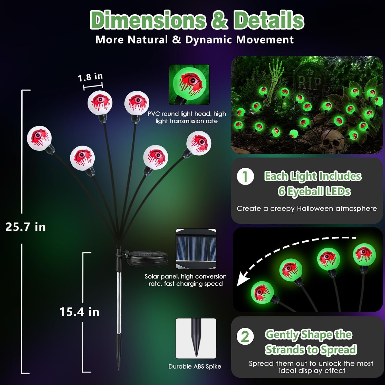 Detalle 2 de EEW CY-Eyeball Solar Halloween Path Lights, 8-Pack, 48 Green LEDs