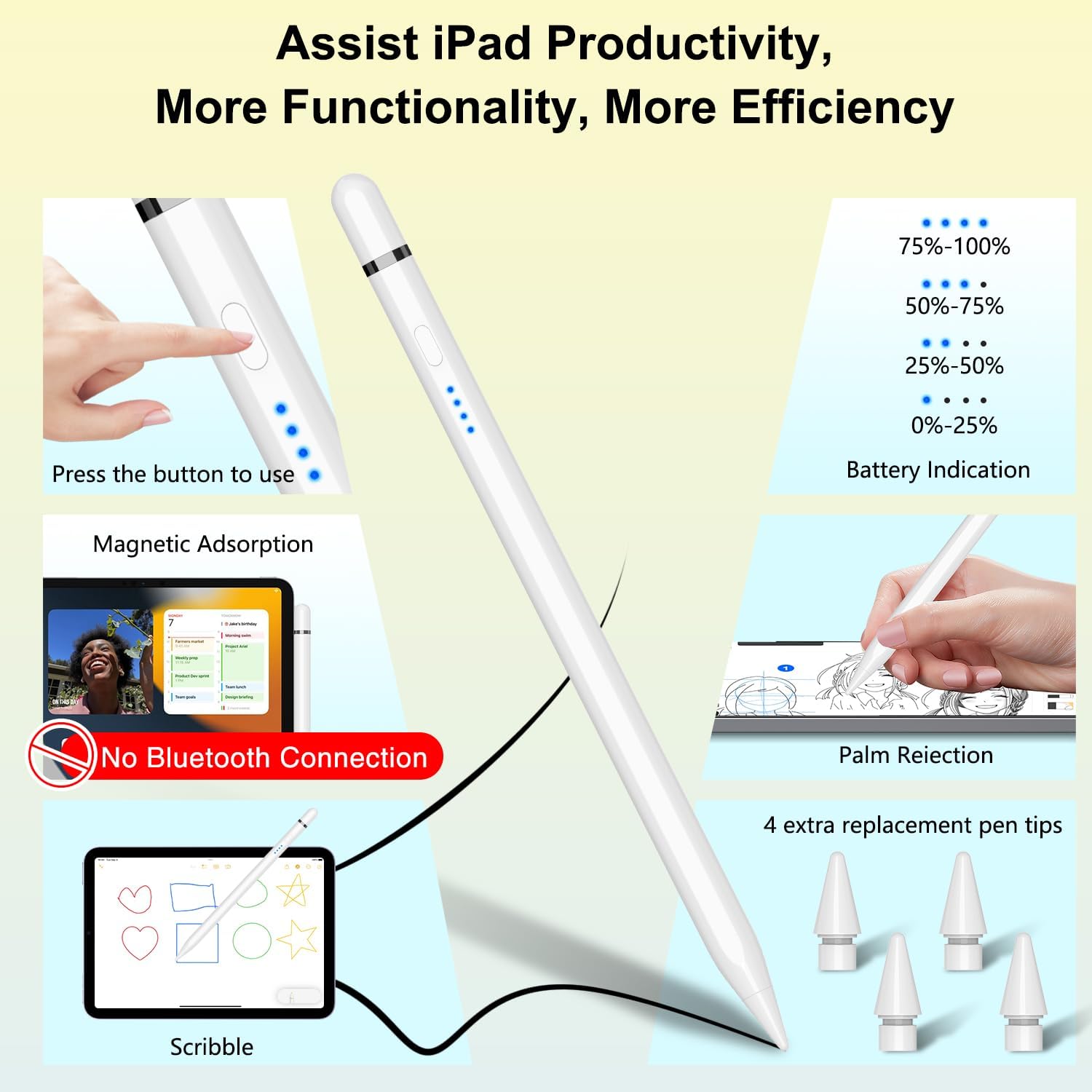 Detalle de Pencil 1. Generation für iPad (2018–2025) – iPad-kompatibler Stift mit 20-Minuten-Schnellladung, Neigung & Palm Rejection (Weiß)