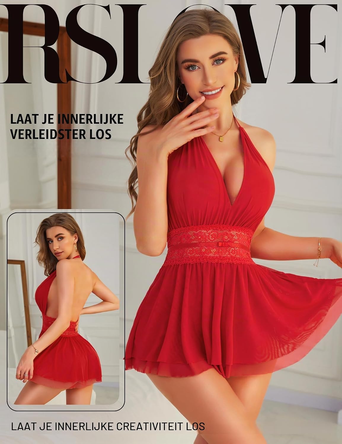 Detalle de RSLOVE babydoll van mesh met blote rug en V-hals