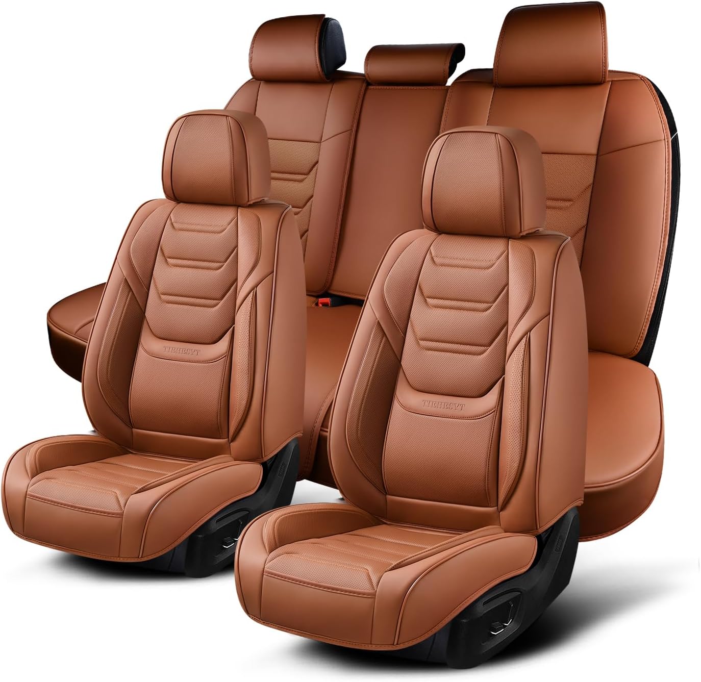 Detalle de TIEHESYT Car Seat Covers Full Set: Breathable Nappa Leather Front & Rear Protection (Brown, Front Pair + Rear)