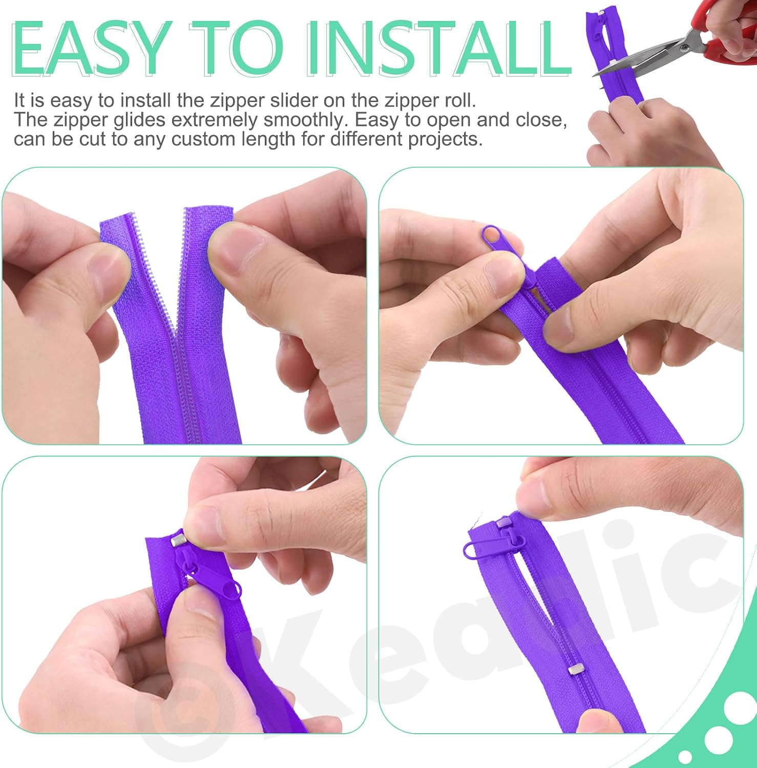 Detalle 2 de Keadic 81Pcs #5 Nylon-Reißverschluss-Set mit 10 Yard, Helles Violett – inklusive Schiebern, Stops und Zähnen