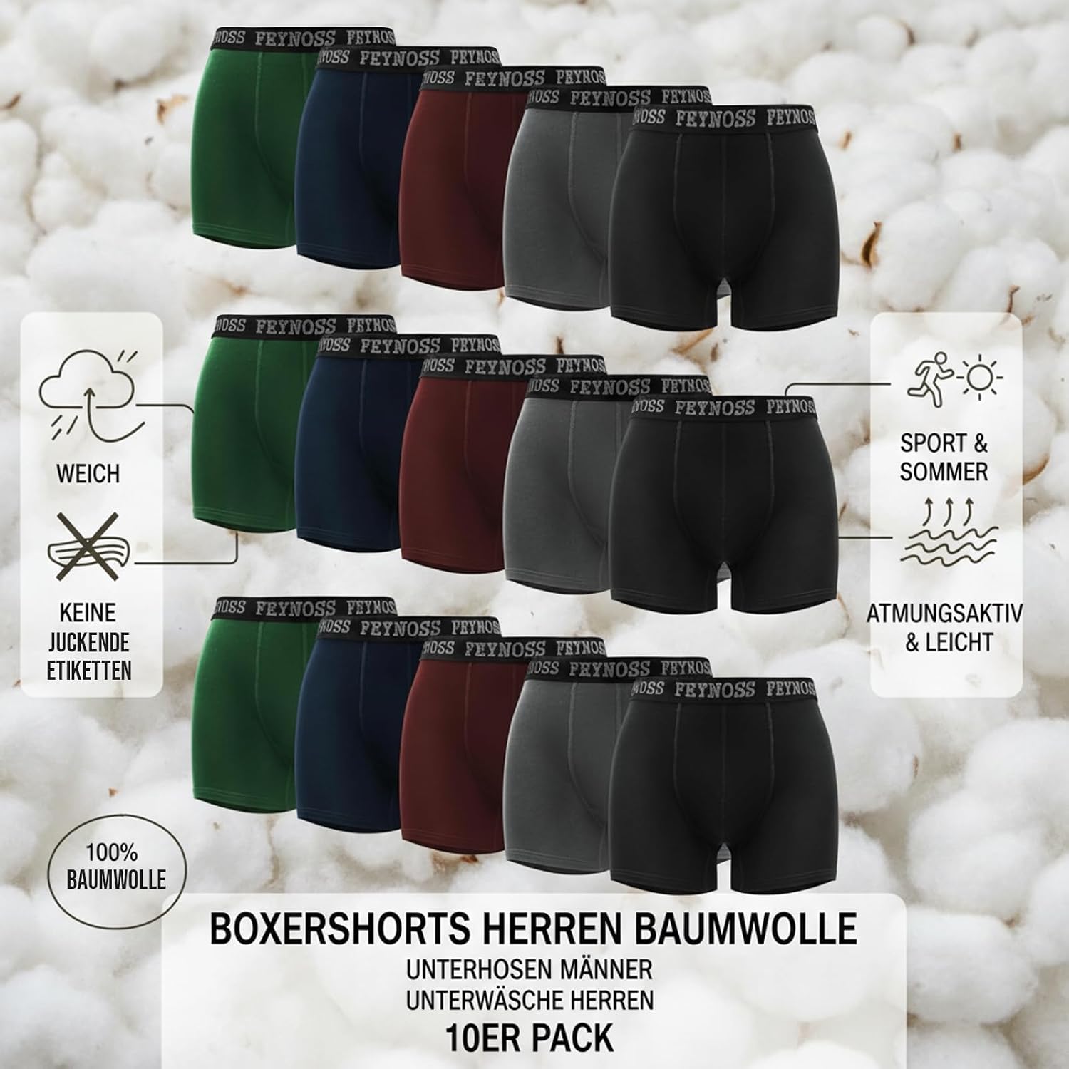 Thumbnail 2 de feynoss Boxershorts Herren 10er Pack aus Baumwolle mit elastischem Bund – weich, atmungsaktiv & ohne Etikett