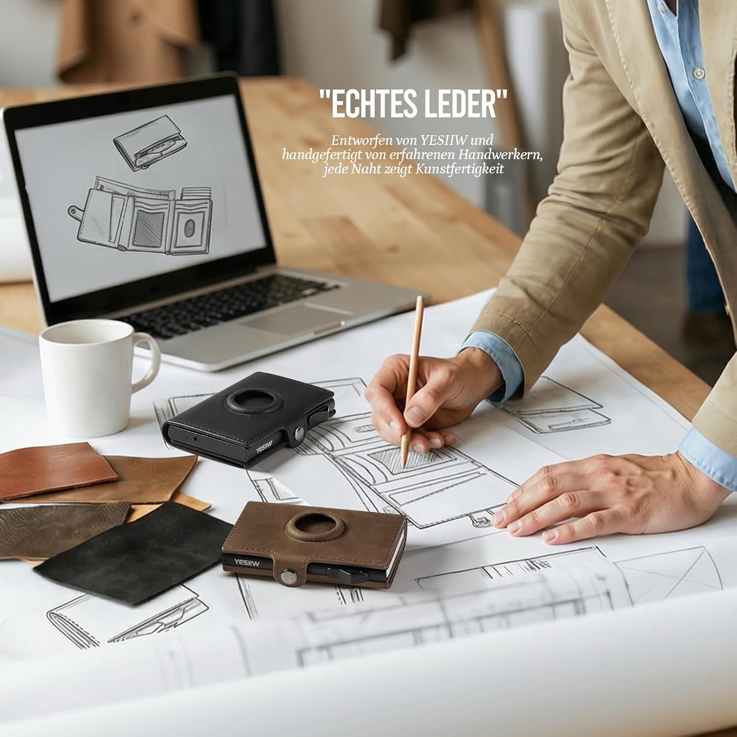 Thumbnail 1 de YESIIW Portmonee Herren – Echtleder mit AirTag Fach, Pop-Up Kartenetui, RFID Geldbörse Braun