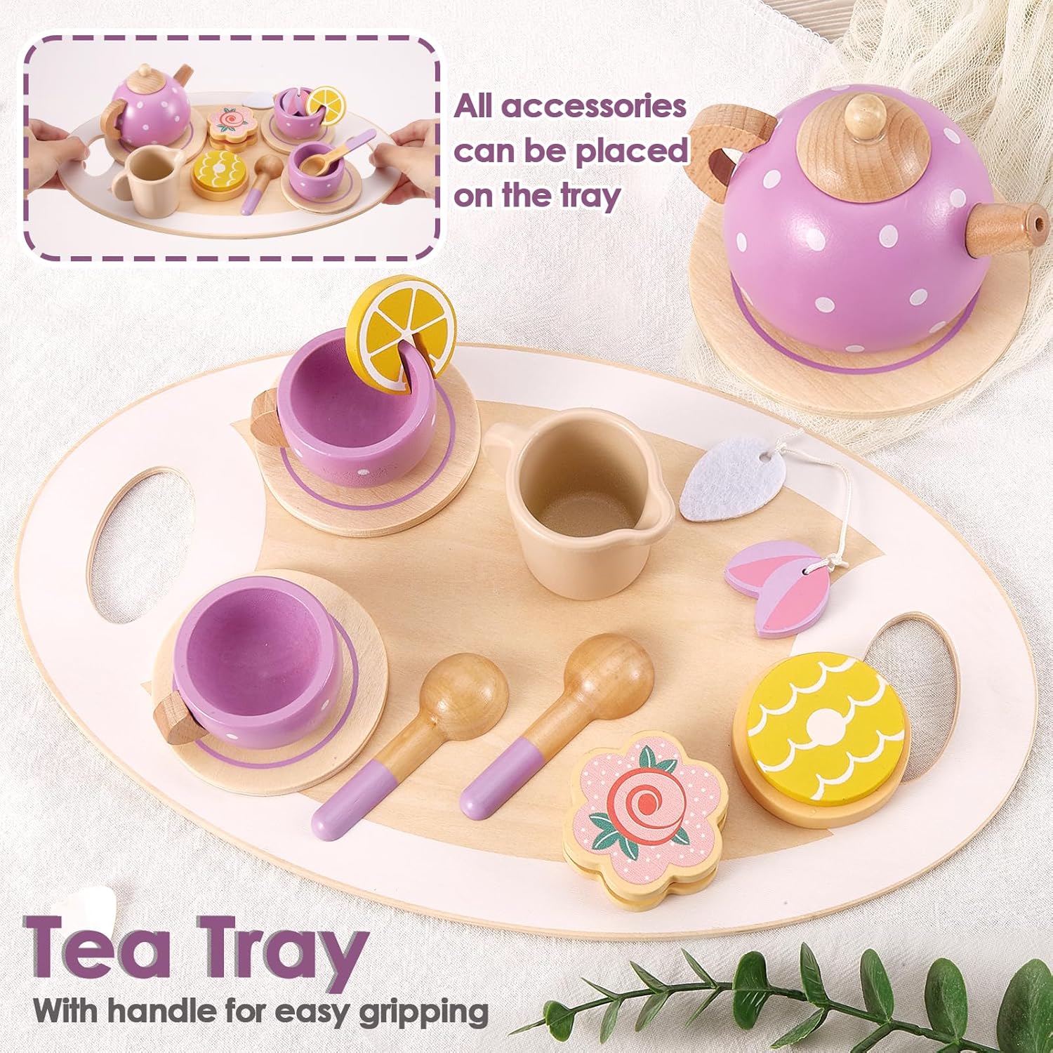 Detalle 2 de AOLEVA Wooden Tea Set for Toddlers 3–5
