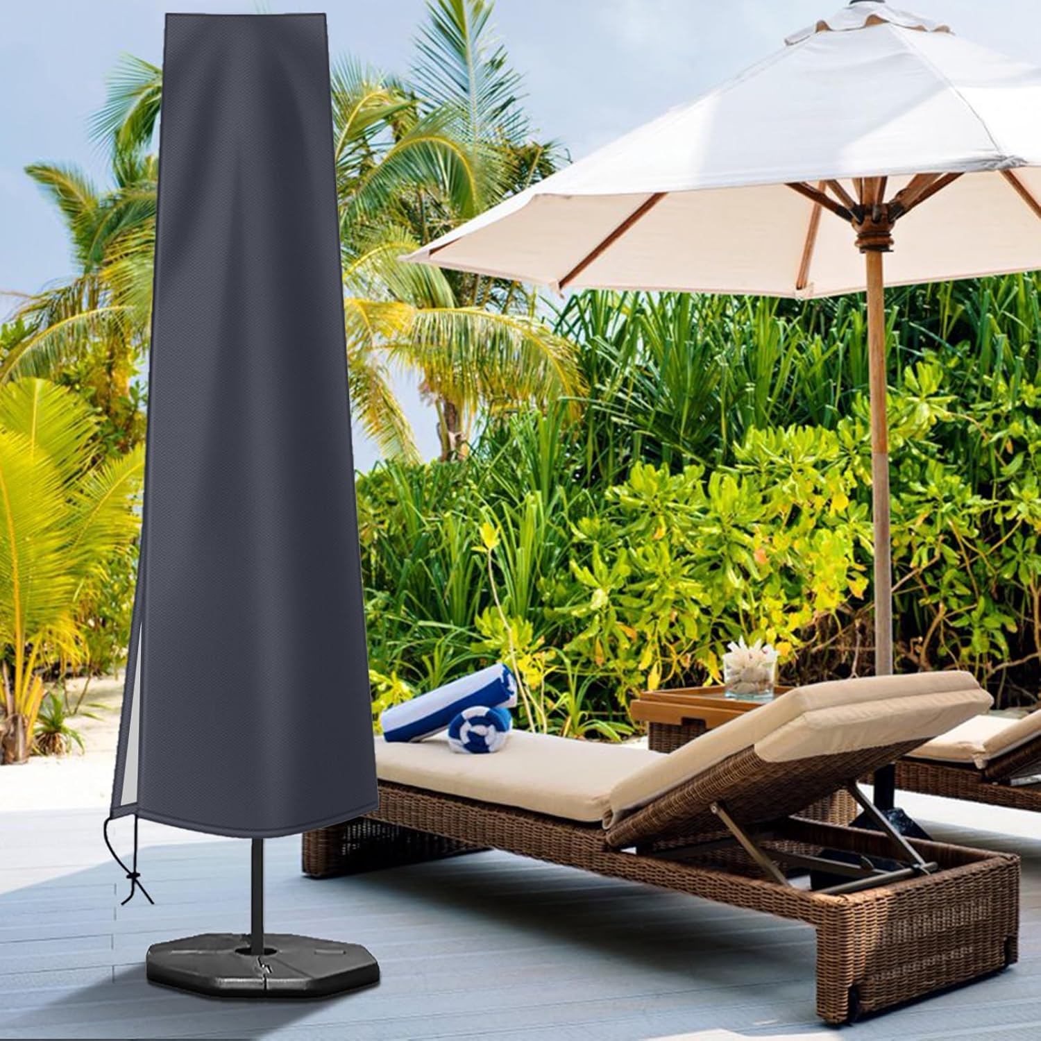 Detalle 1 de OKPOW Waterproof 600D Oxford Patio Umbrella Cover with Zip (190 x 30/50cm) – Dark Grey