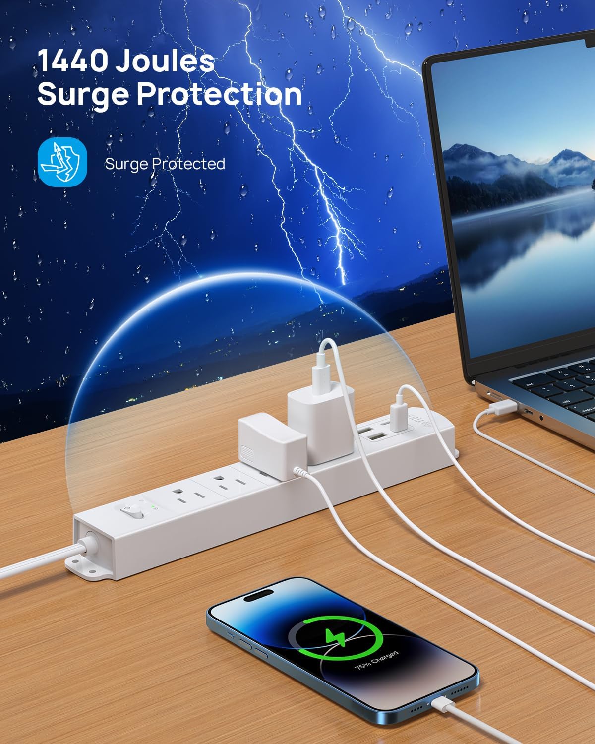 Thumbnail 3 de TROND Prime II 5FT Power Bar with Surge Protection, 4 Outlets and 4 USB Ports