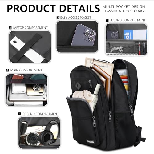Detalle de LIECDRO Black Backpack for Men: 15.6-Inch Laptop Daypack for School, Work, and Travel