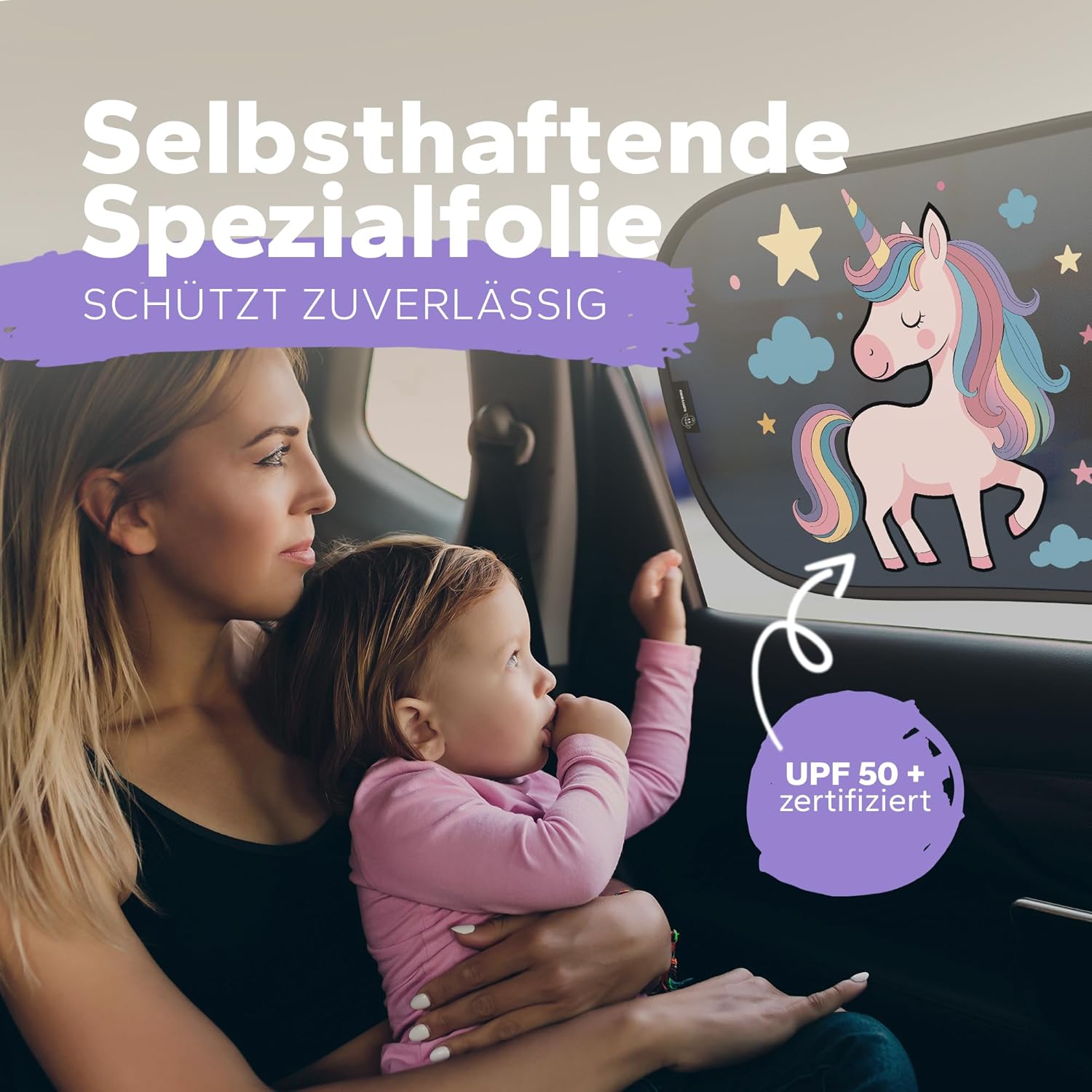 Thumbnail 3 de Sonnenschutz Auto Baby & Kinder mit UPF50+ (DEKRA geprüft, KBA-zugelassen) – Sonnenschutz Seitenscheibe Einhorn