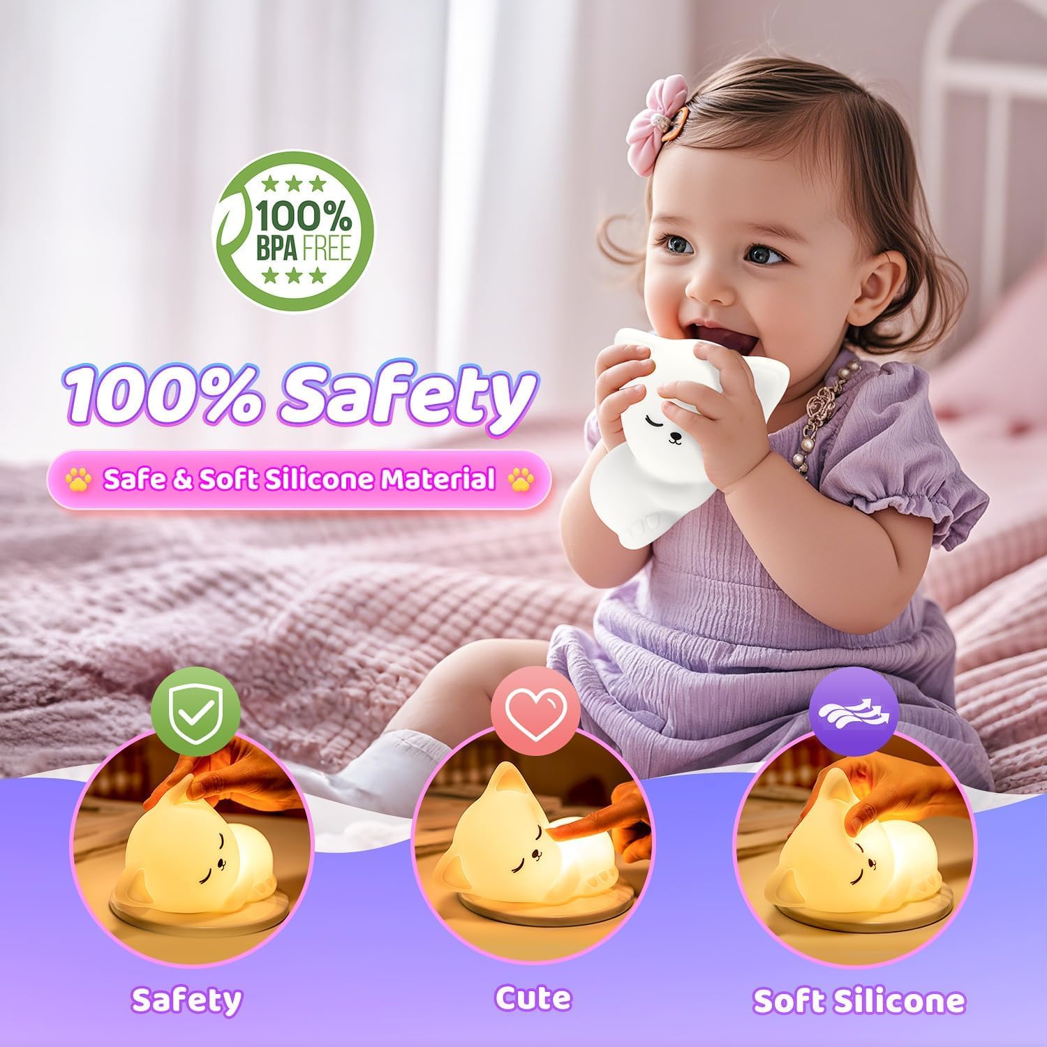 Detalle de Mubarek night light Cat Night Light for Kids, 16 Colors, Rechargeable Silicone