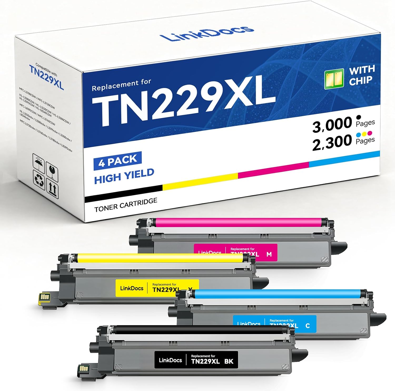 Detalle de LinkDocs TN229XL TN229 High-Yield Toner Cartridge 4-Pack, Black and Colour