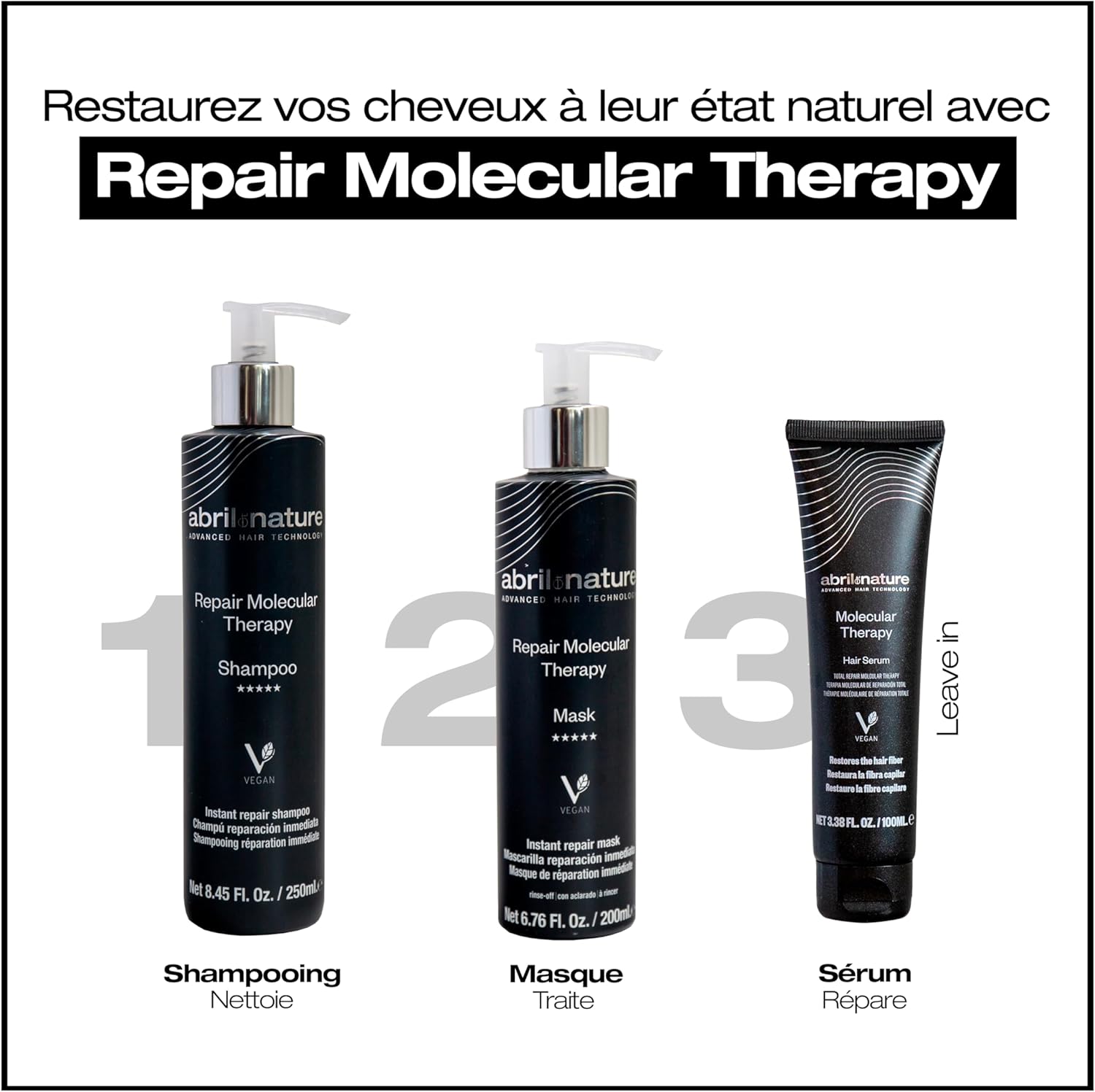 Thumbnail 5 de abril et nature Set de soins capillaires réparateur Molecular Therapy (shampoing, masque, sérum) pour cheveux abîmés