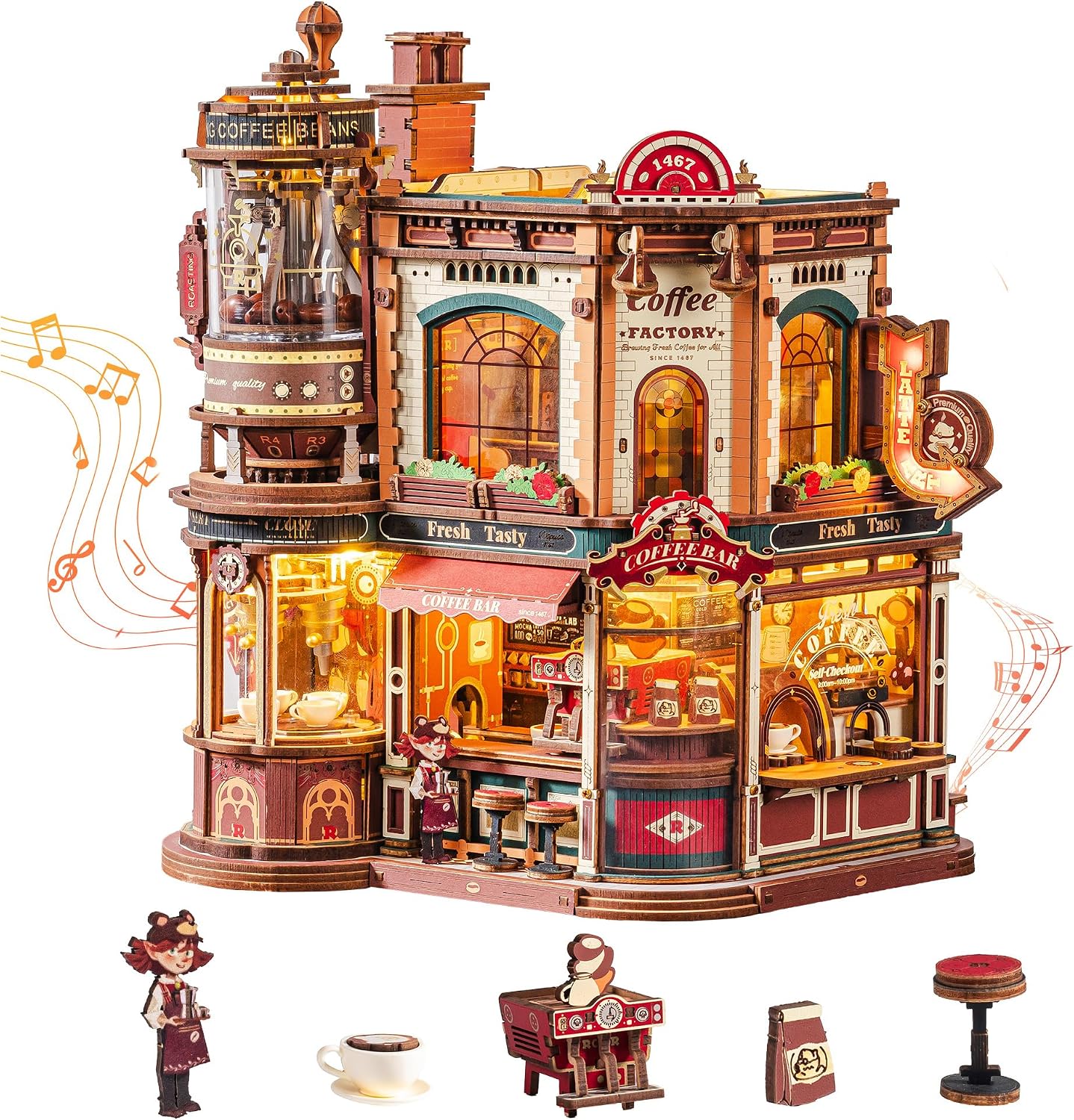 Detalle de ROKR Dream Coffee Factory EAB02 – DIY Miniatur-Puppenhaus mit Spieluhr, LED-Beleuchtung und Jazzmusik