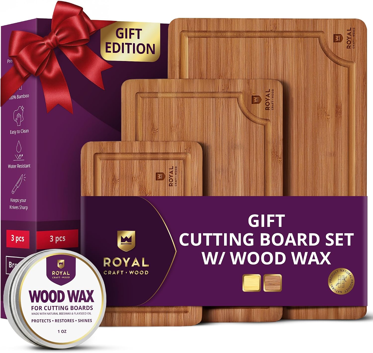 Detalle de ROYAL CRAFT WOOD Bamboo Cutting Board Set 3 🍽