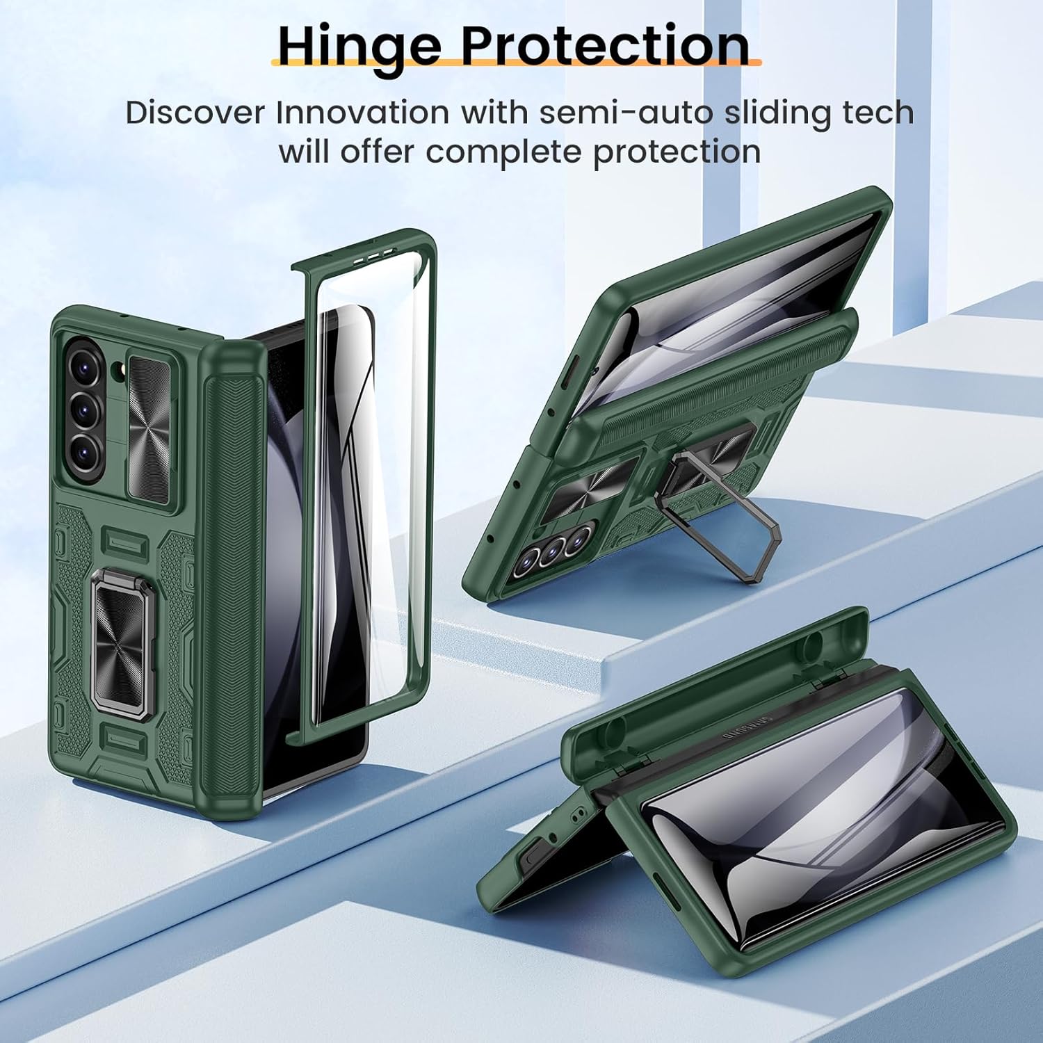 Detalle de VEGO for Galaxy Z Fold 5 Case with Hinge Protection, Screen Protector, 360° Magnetic Kickstand & Slide Camera Cover (Green)