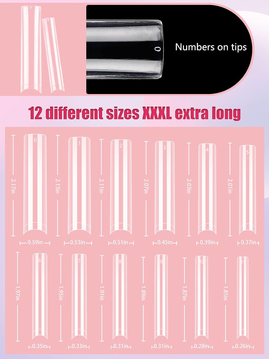 Detalle de LIONVISON 3XL Clear Square Nail Tips, 504 Pieces, Flat No-C-Curve, 12 Sizes