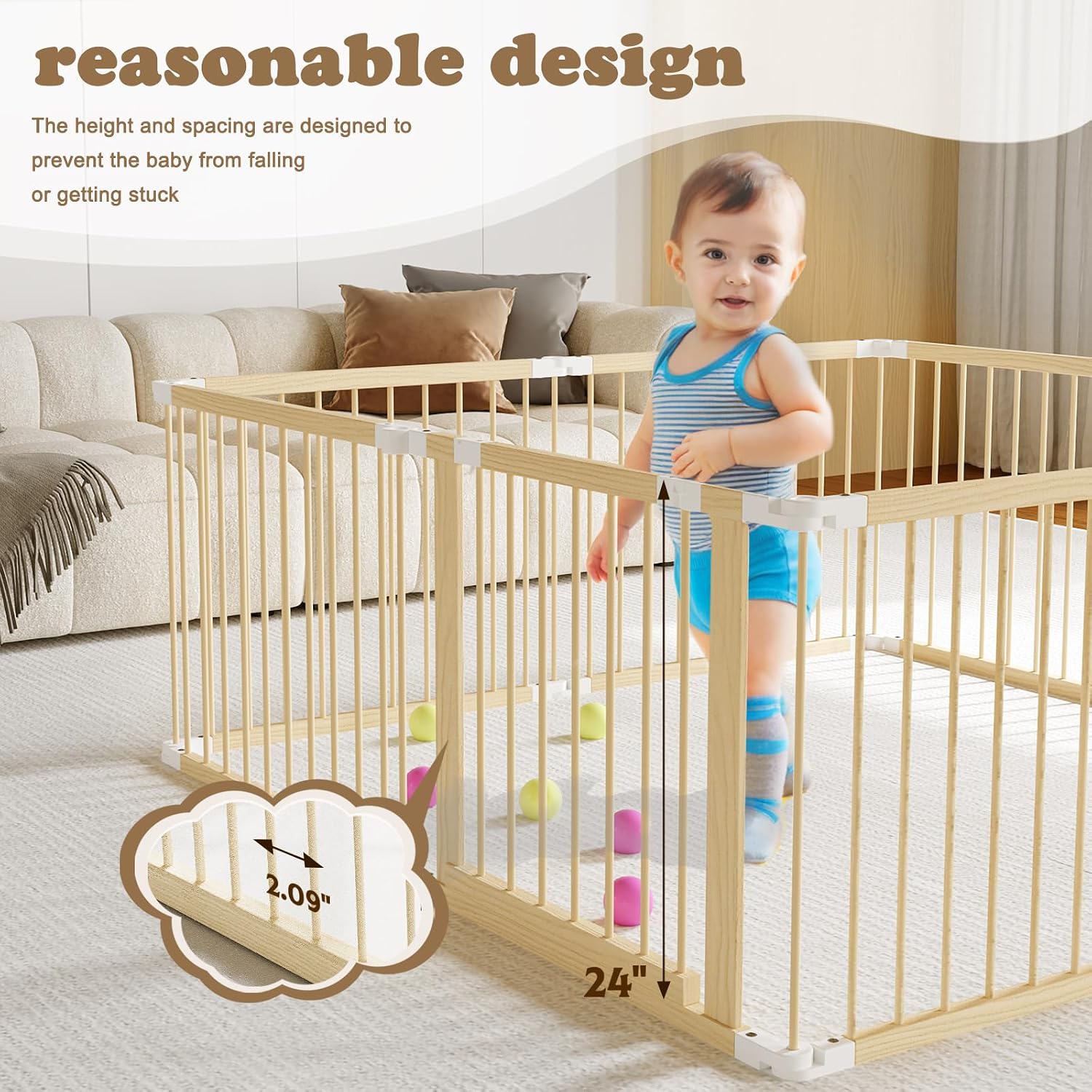 Thumbnail 4 de JimberBay Foldable Wooden Baby Playpen with Safety Gate, Natural Wood