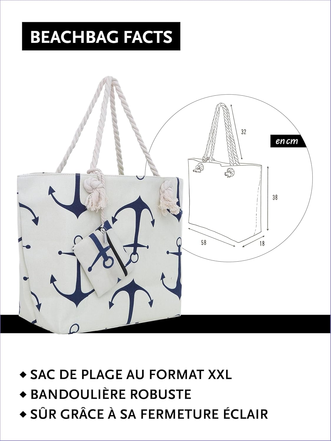 Detalle 2 de DonDon Grand sac de plage imperméable avec fermeture à glissière – Grand format et poche zippée