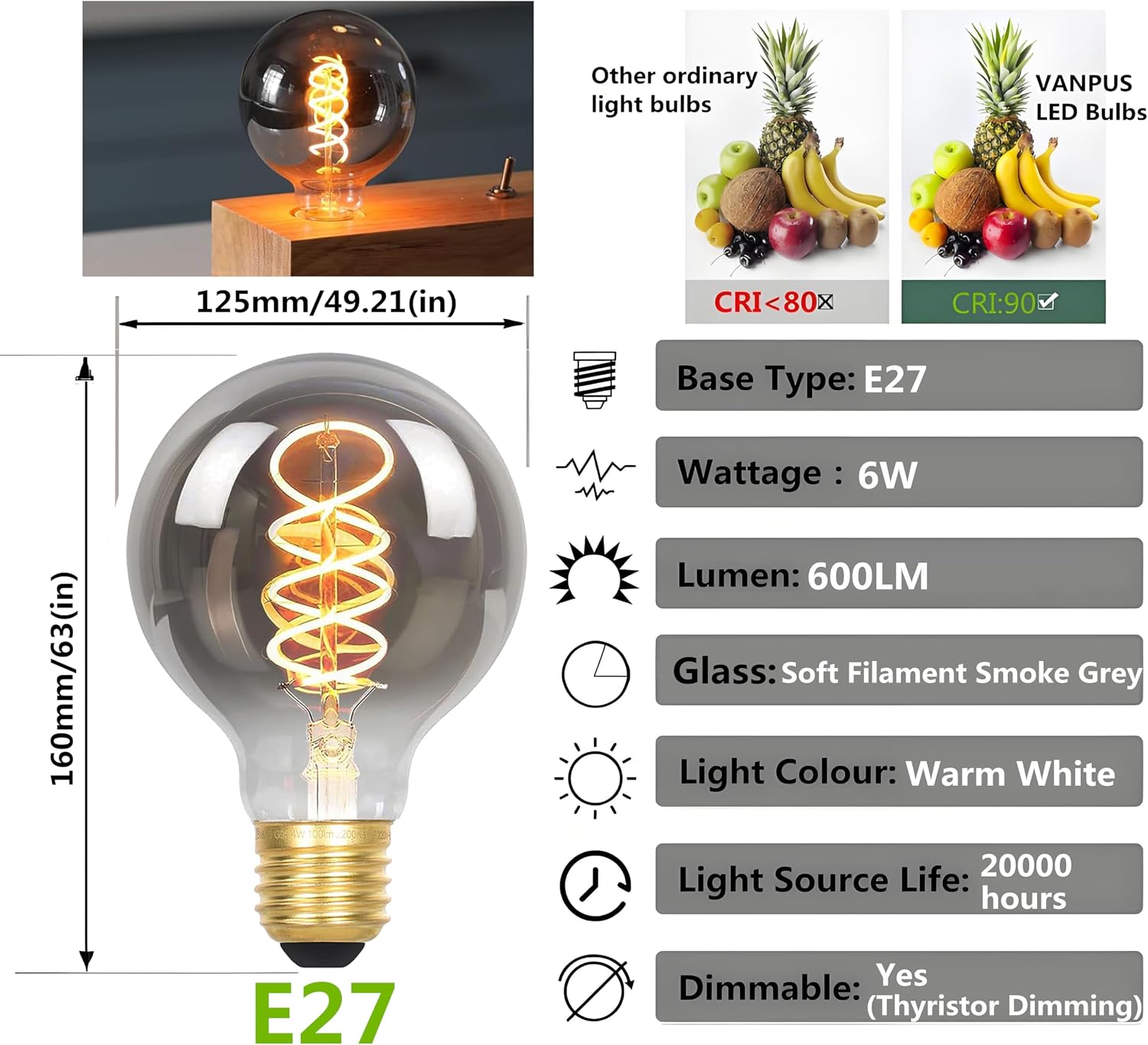 Detalle de Vanpus 6W LED Edison Birne – dimmbar, 2700K Warmweiß, E27, Rauchglas, 2er Pack
