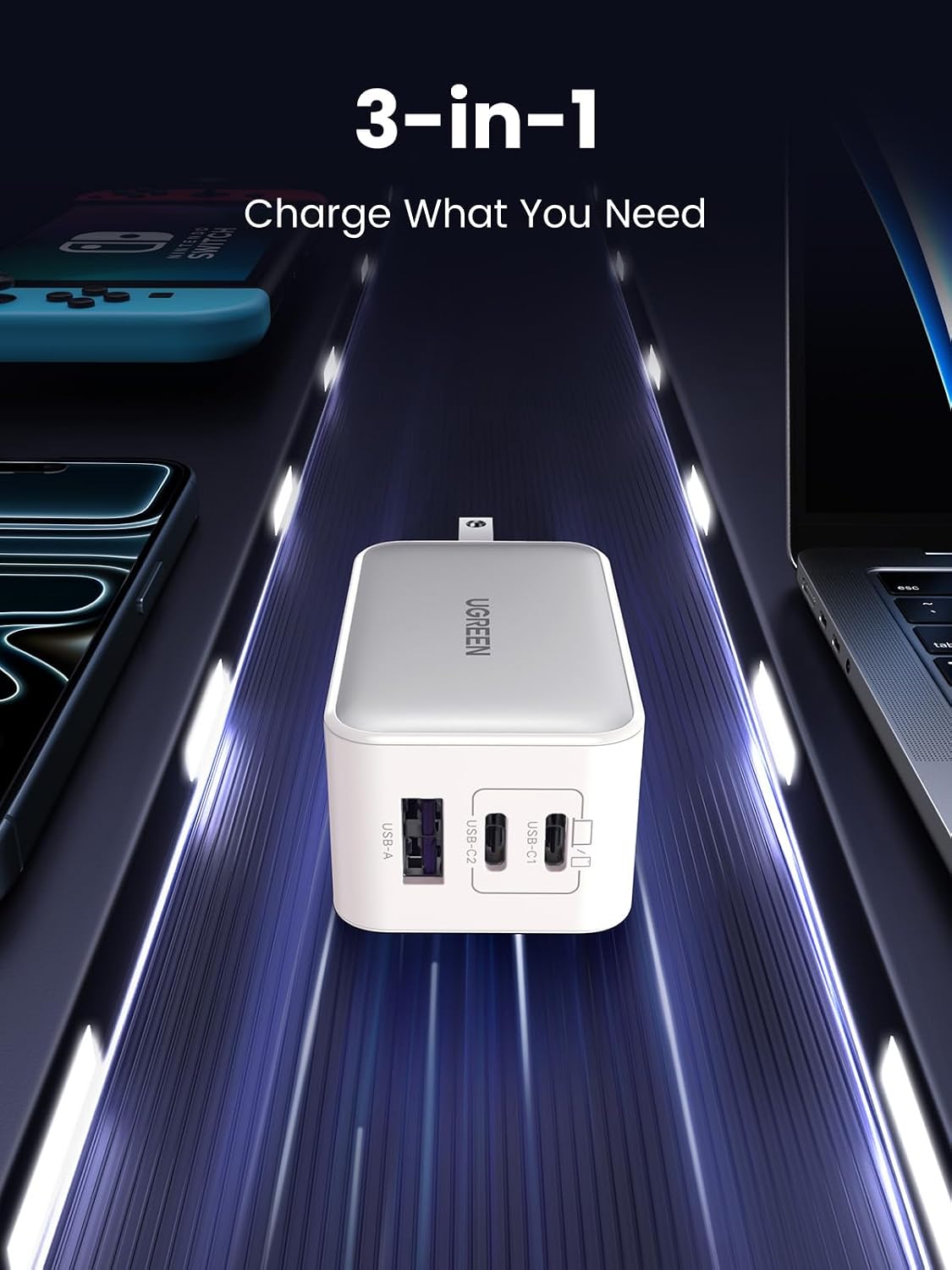 Detalle de UGREEN Nexode 65W USB-C Charger, 3-Port GaN Adapter with Foldable Plug
