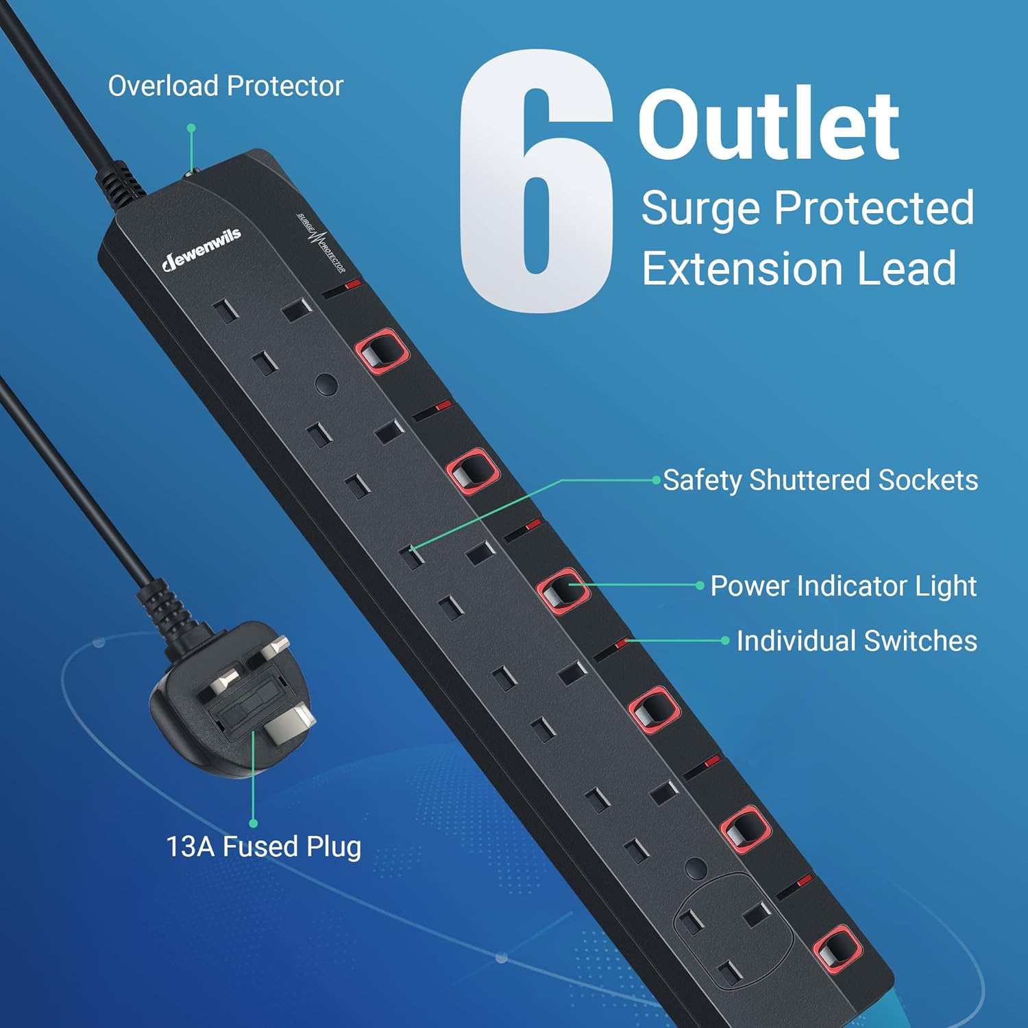 Detalle 2 de DEWENWILS 6-Way Surge Protected Power Strip 3M ๐