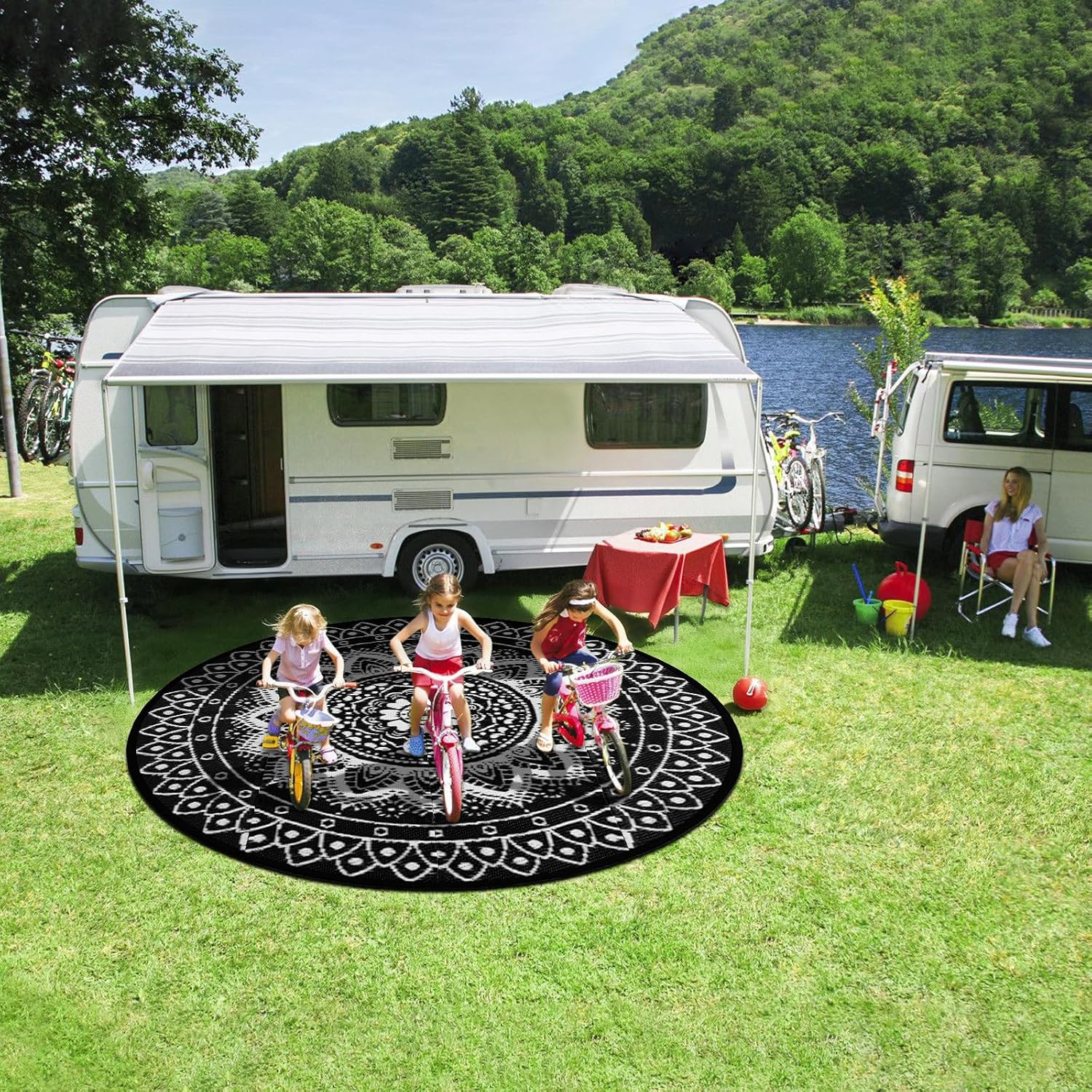 Thumbnail 6 de VSIWB 240cm Round Outdoor Rug – Reversible Boho Pattern, Waterproof & Foldable