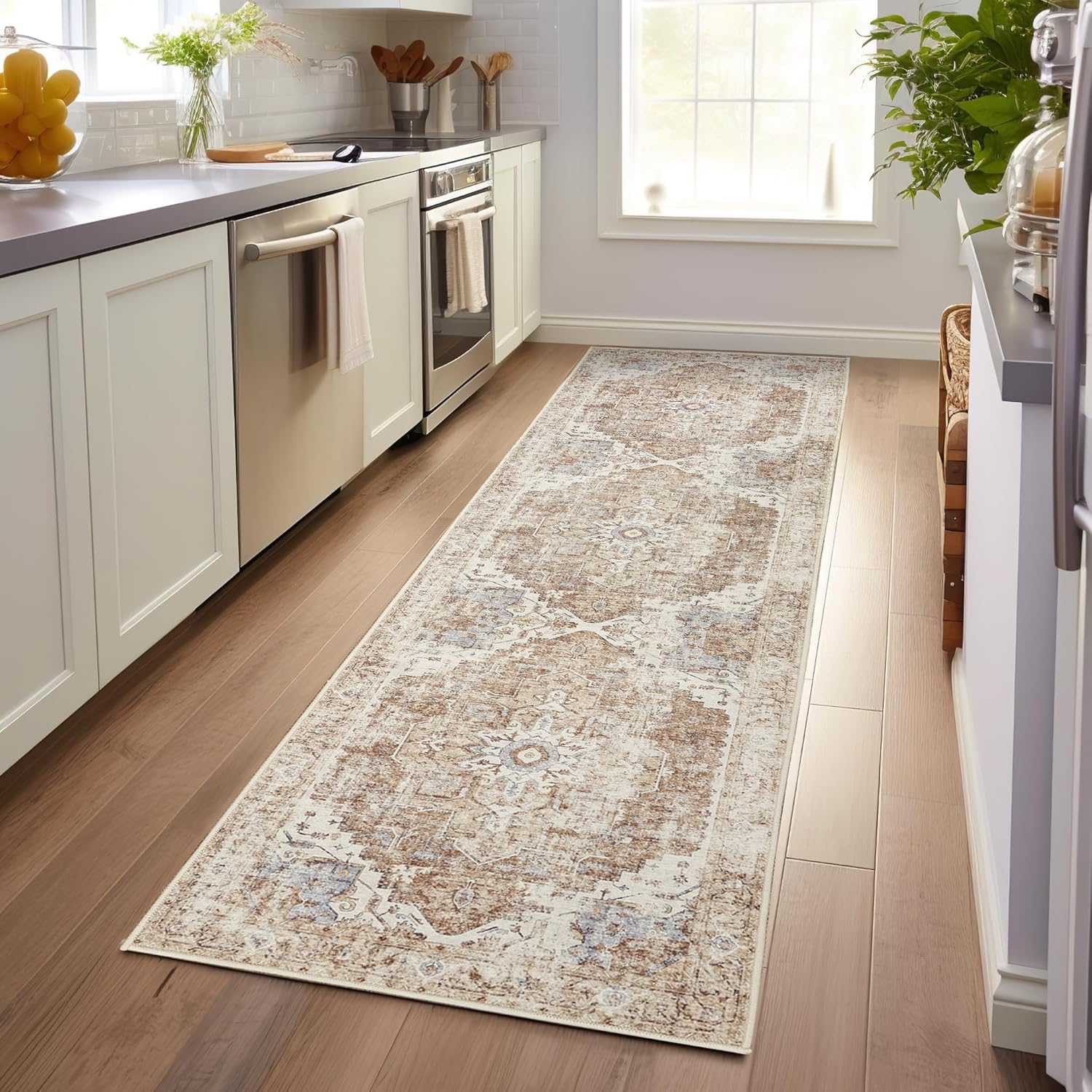 Detalle de JINCHAN ZDJCRGKABUL-3x10-D Runner Rug, 3' x 10', Washable Floral, Brick Red