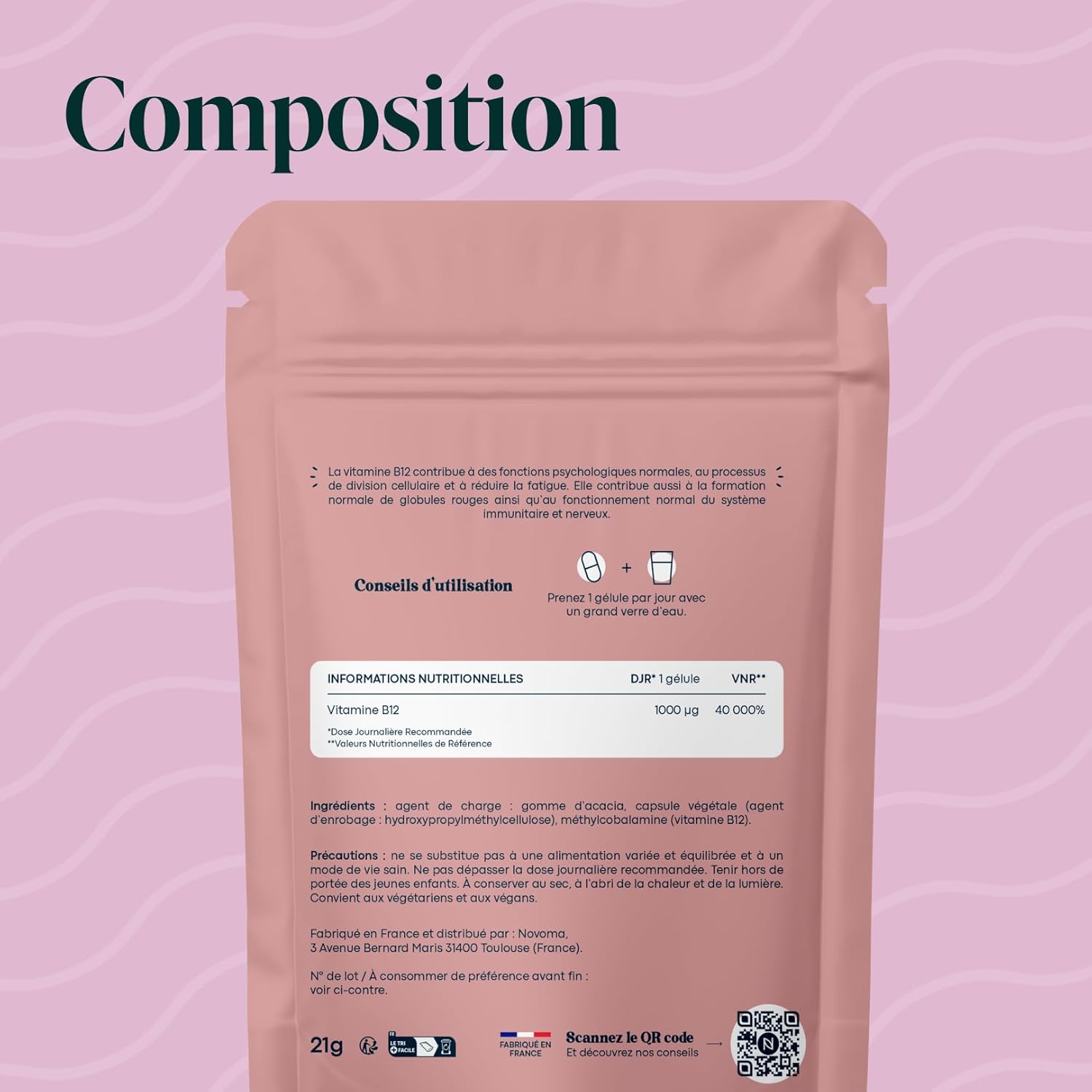 Thumbnail 6 de Vitamine B12 1000 µg Vegan Essentials by Novoma (cure 2 mois, méthylcobalamine) – 60 gélules