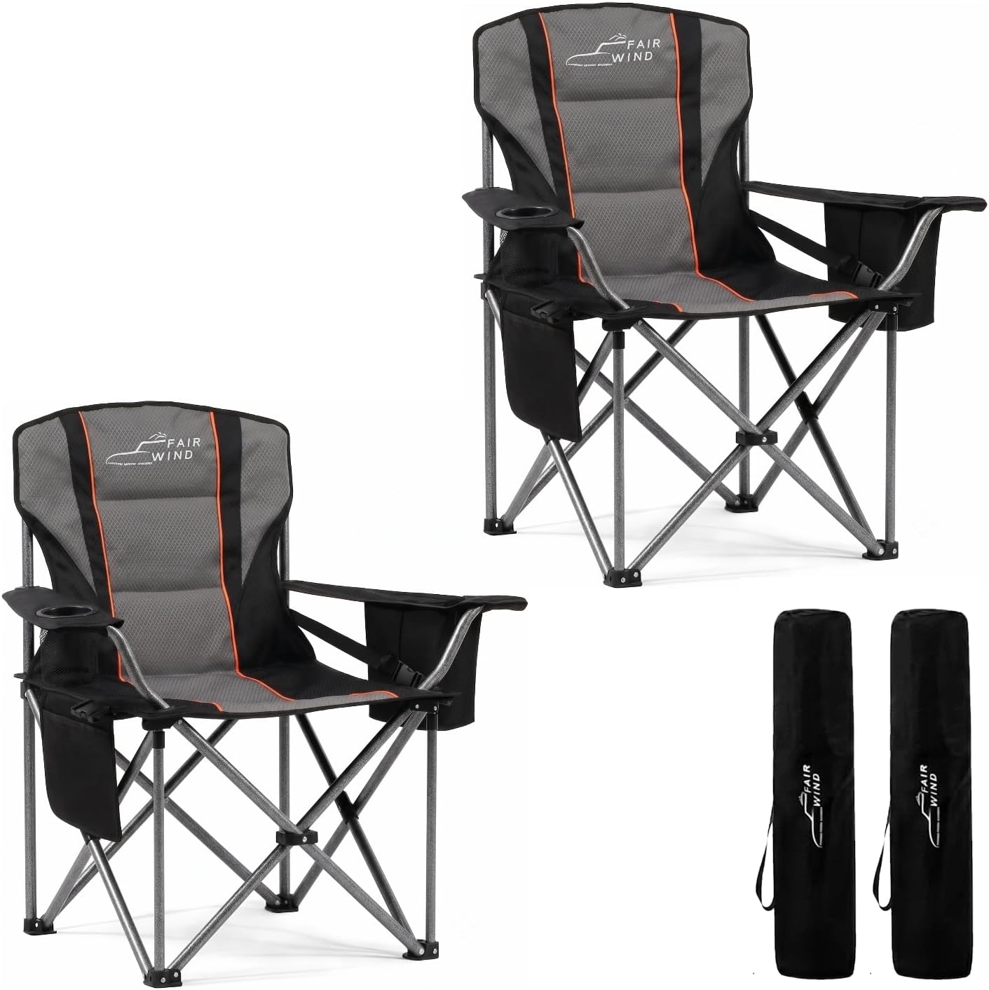 FAIR WIND 2-Pack Fully Padded Oversized Camping Chairs with Adjustable Lumbar Support, Cooler Bag & Cup Holder (500 lbs Capacity)